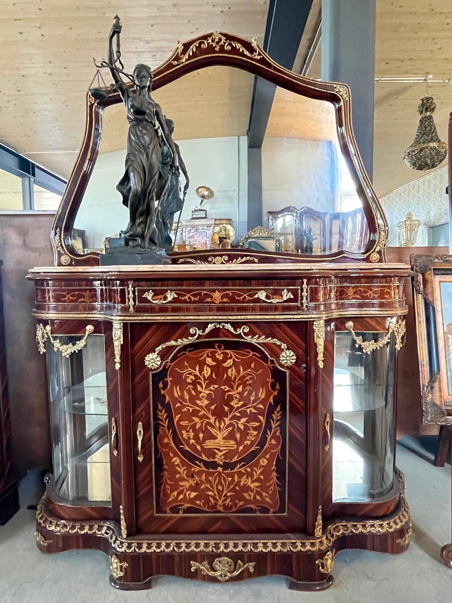 Mirror Glass Cabinet Wall Console in Nostalgic Antique Style with Marble Slab at Top Retro Baroque Style Wall Cabinet with Mirror