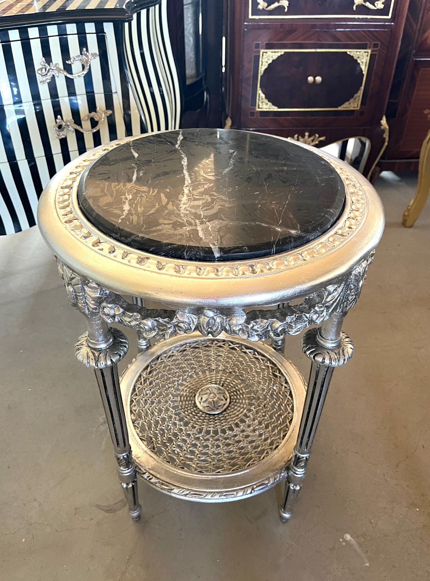 Side Table French Baroque Style with Marble Top Side Table Antique Style Silver Finish Home Decor Side Table
