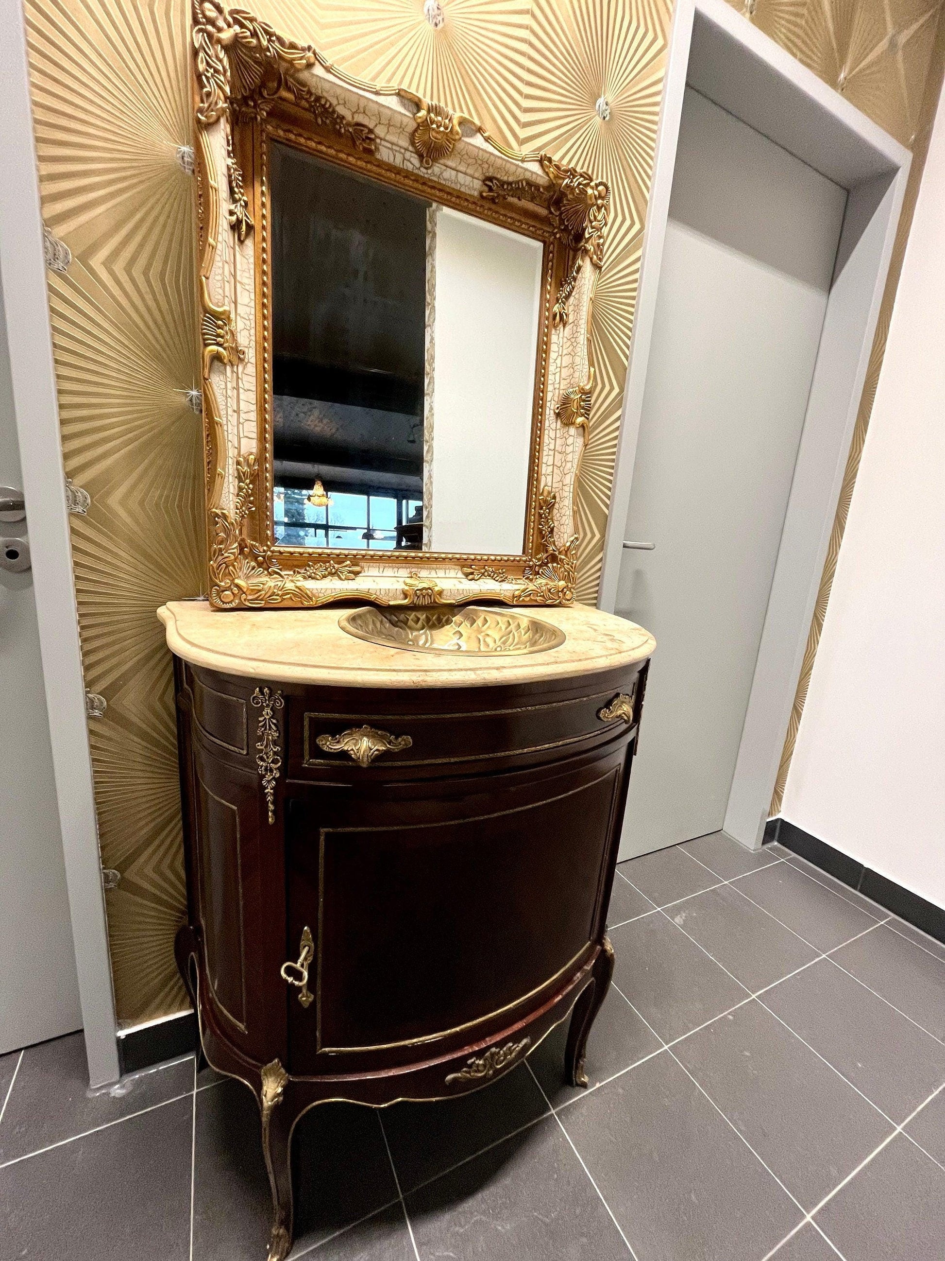 Washbasin Cabinet with Mirror Set French Baroque Style Marble Top Washbasin Cabinet Retro Home Decor in Brown