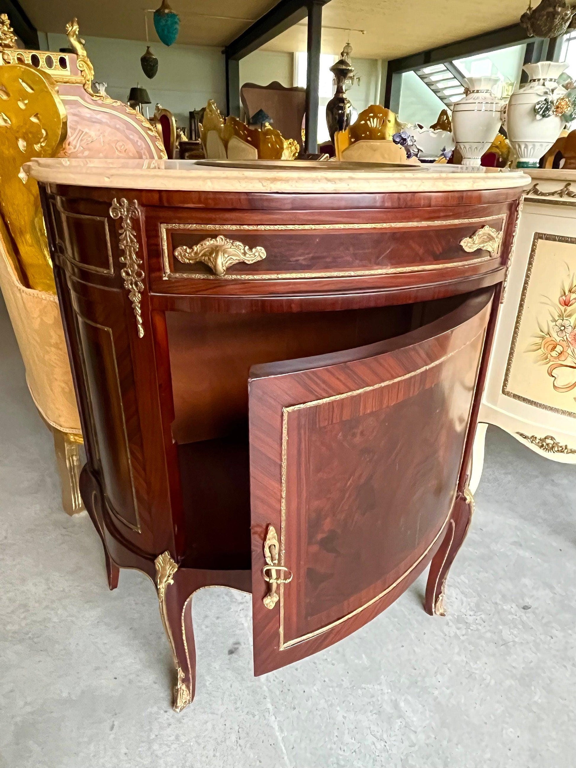 Washbasin Cabinet with Mirror Set French Baroque Style Marble Top Washbasin Cabinet Retro Home Decor in Brown