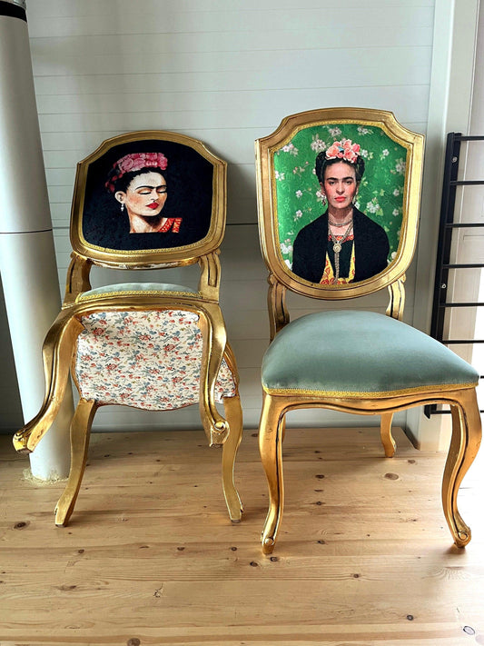 Accent Chair Retro Baroque Rococo Style Wooden Chair in Floral Frida K. Print Gold Finish for Home Dining