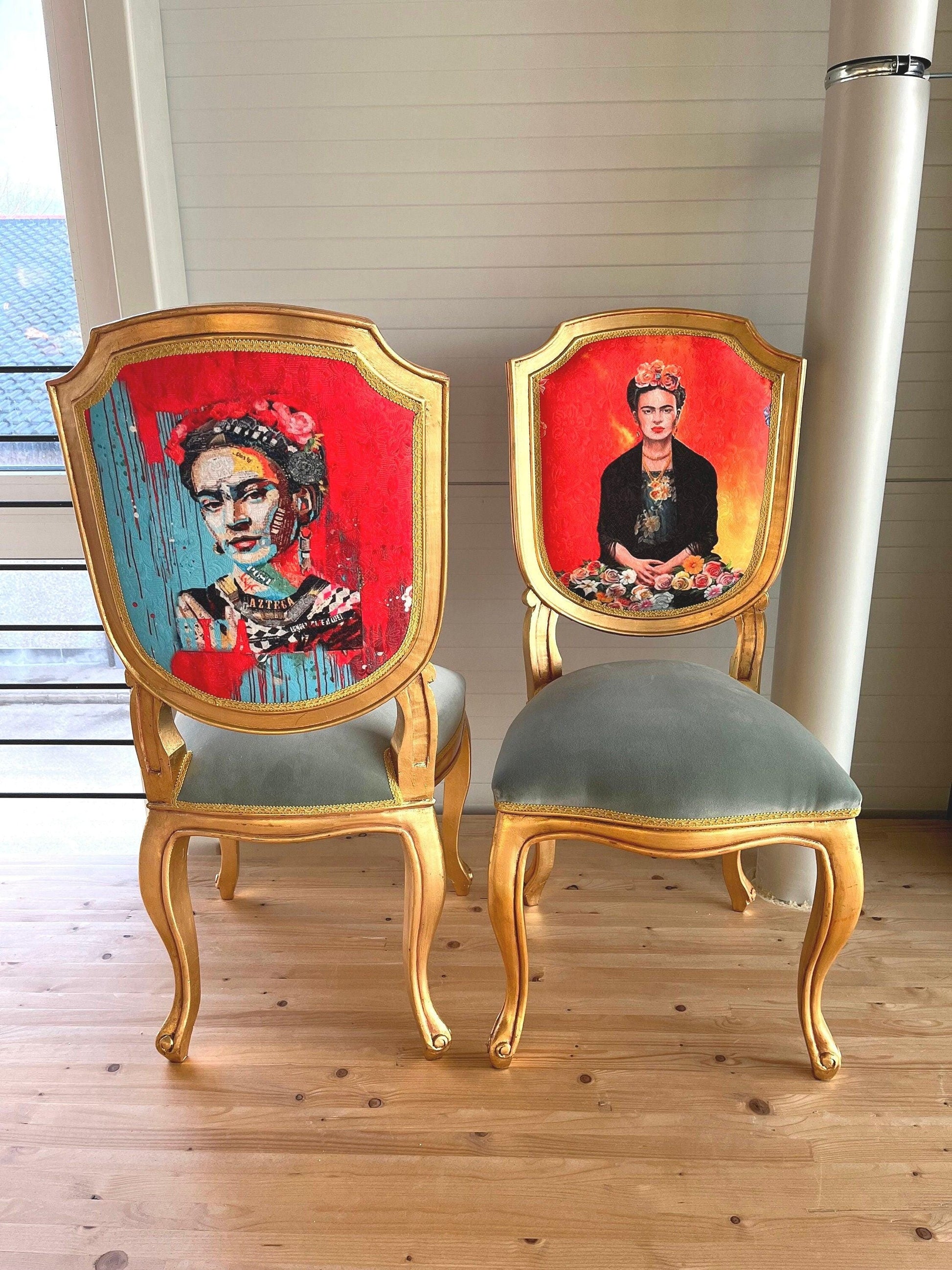 Accent Chair Retro Baroque Rococo Style Wooden Chair in Floral Frida K. Print Gold Finish for Home Dining