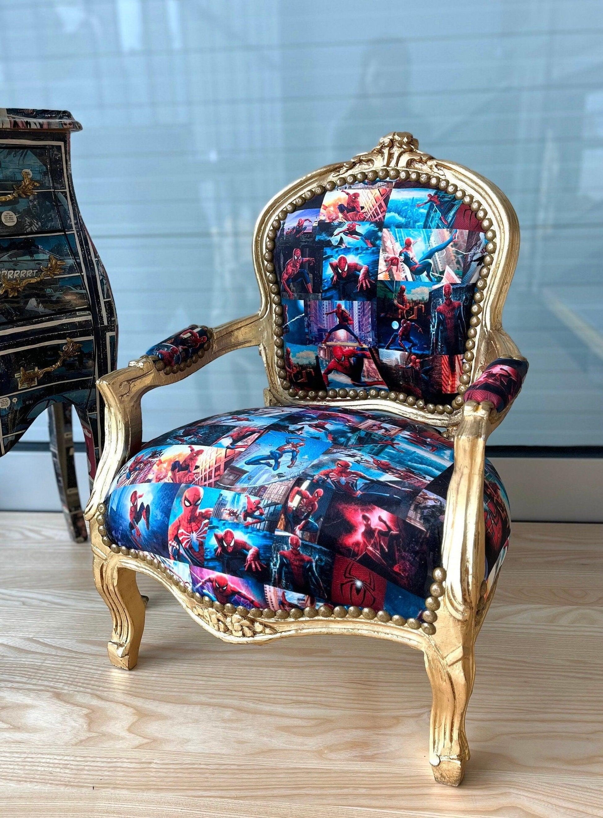 Cute Kid’s Chair French Louis Baroque Style Batman Spider Man Cartoon Prints Kids Armchair in Gold or Silver Finish