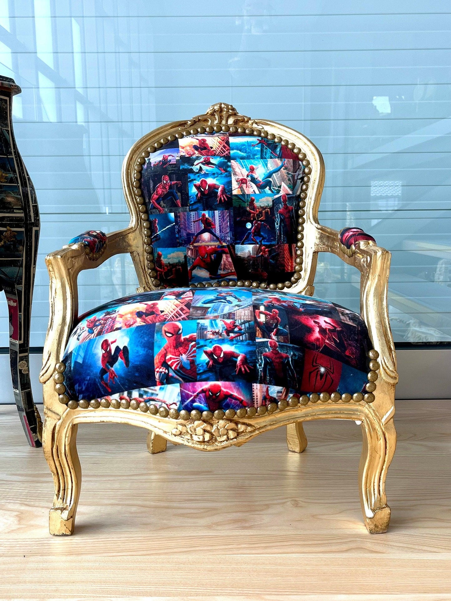 Cute Kid’s Chair French Louis Baroque Style Batman Spider Man Cartoon Prints Kids Armchair in Gold or Silver Finish