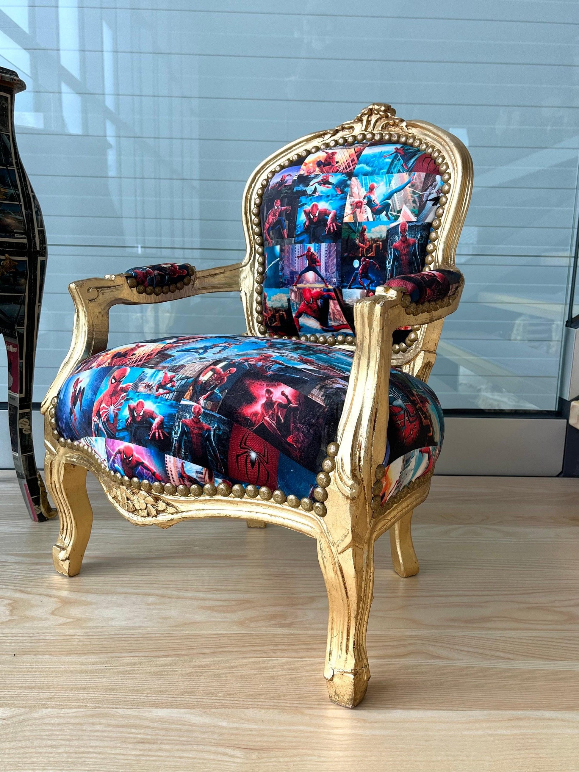 Cute Kid’s Chair French Louis Baroque Style Batman Spider Man Cartoon Prints Kids Armchair in Gold or Silver Finish