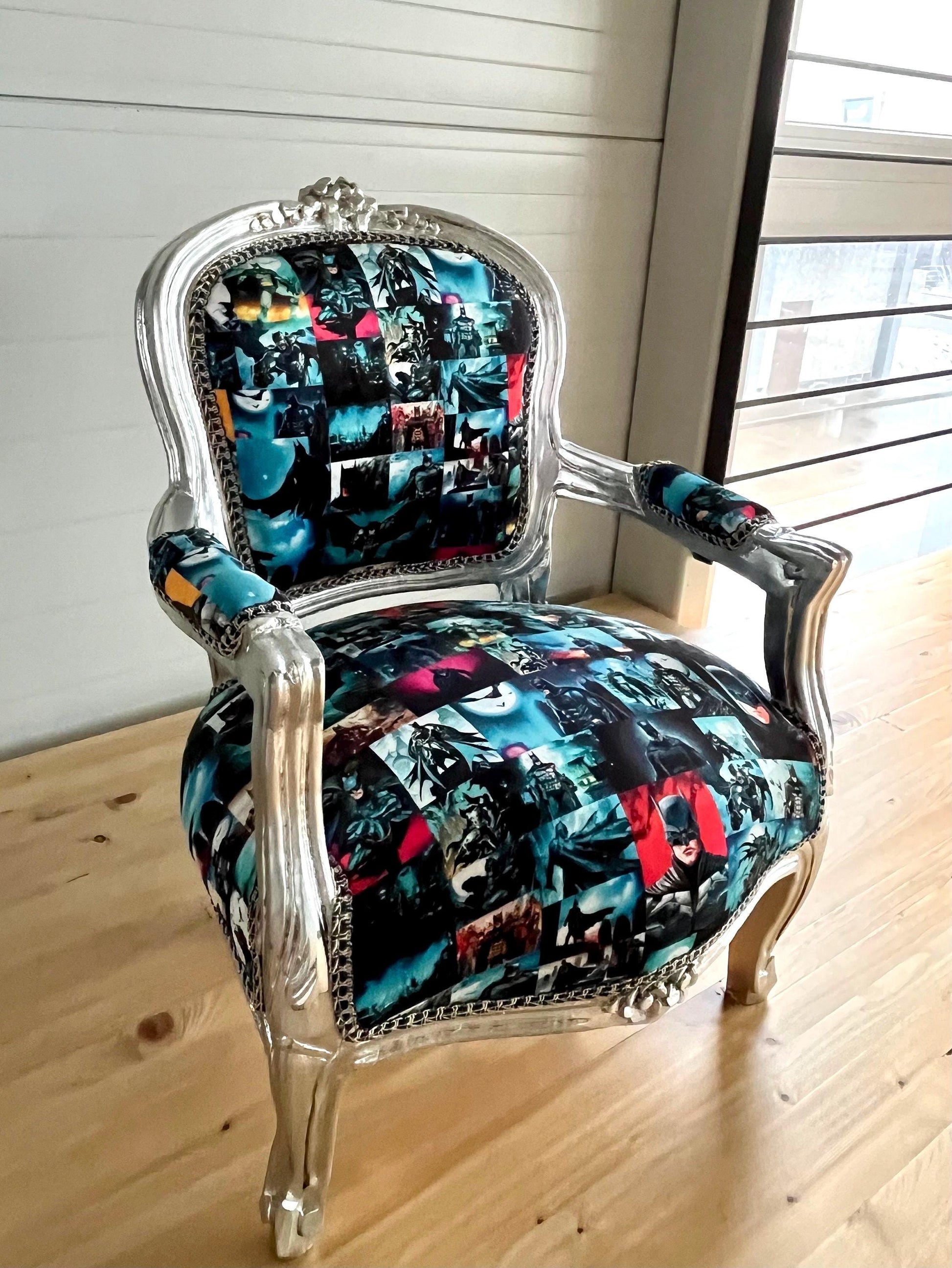 Cute Kid’s Chair French Louis Baroque Style Batman Spider Man Cartoon Prints Kids Armchair in Gold or Silver Finish