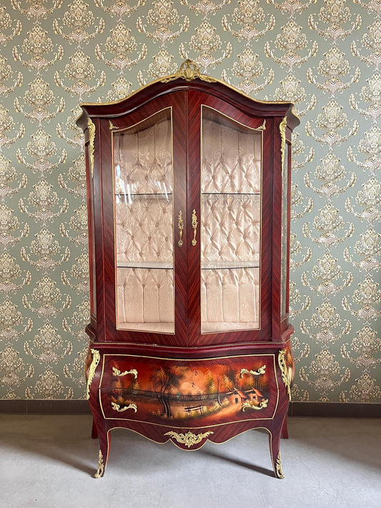 Vitrine Retro Baroque Style Display Cabinet French Louis Style Wooden Glass Showcase in Brown Color Hand painted Front for Home Decoration