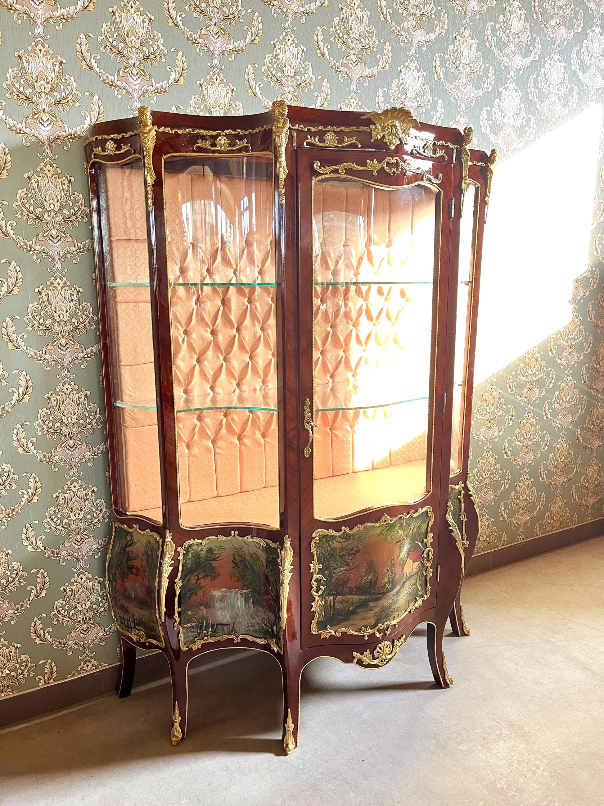 Vitrine Retro Baroque Style Display Cabinet Antique Style Showcase in Handpainted Oil Painting at Front for Home Decor- LIMITED EDITION