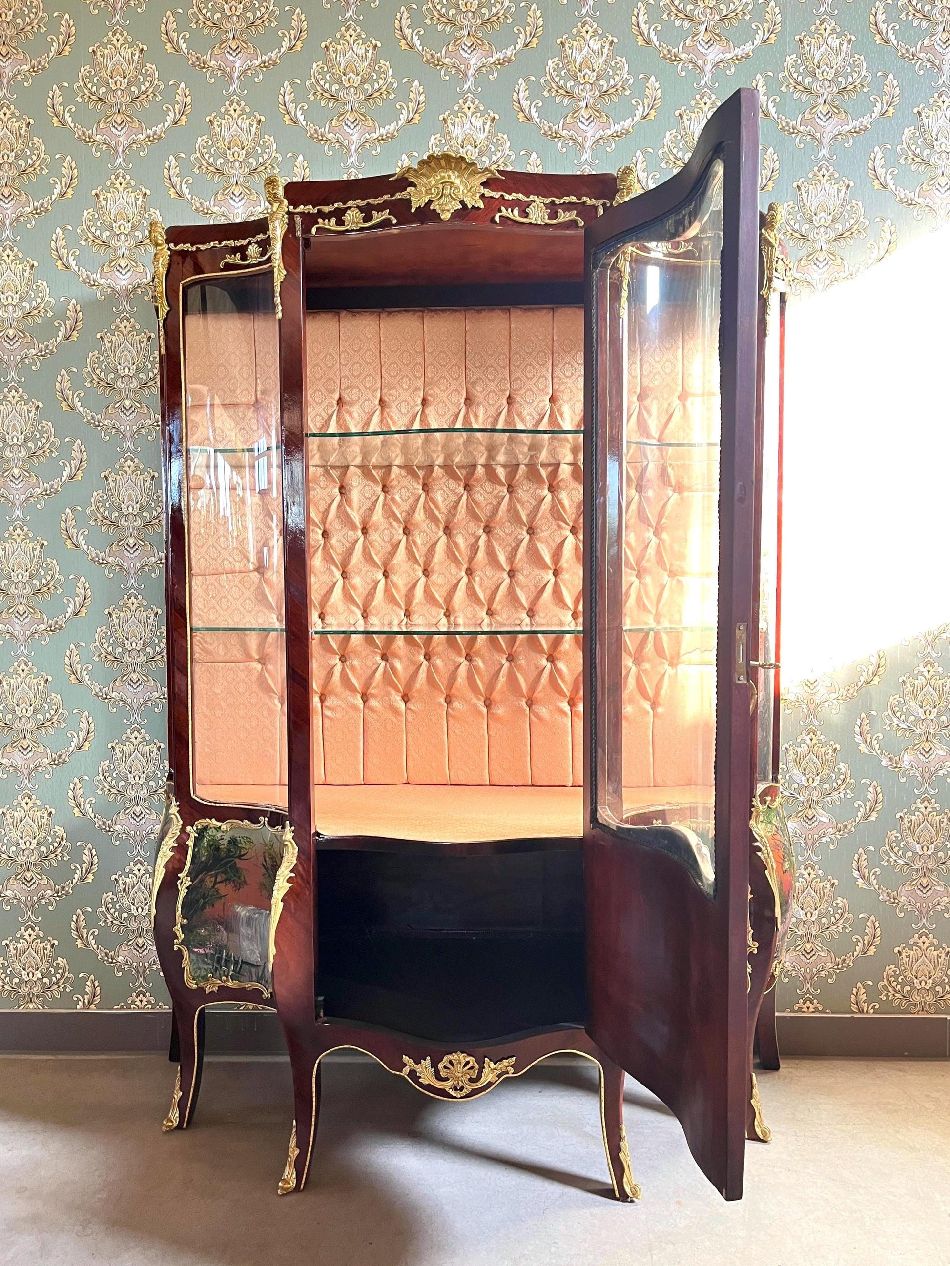 Vitrine Retro Baroque Style Display Cabinet Antique Style Showcase in Handpainted Oil Painting at Front for Home Decor- LIMITED EDITION