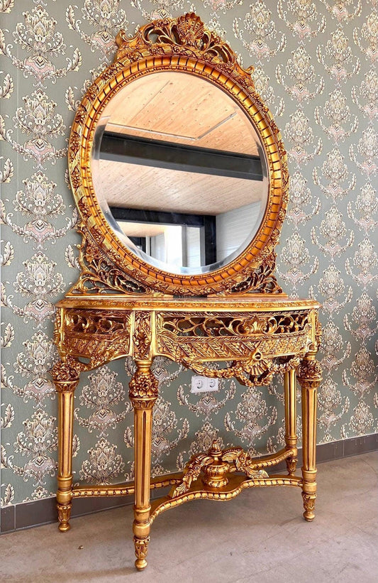 Console Table & Round Mirror Royal Baroque Antique Style Console Table Marble Top in Gold Finish for Villa House Hotel Lobby Decor