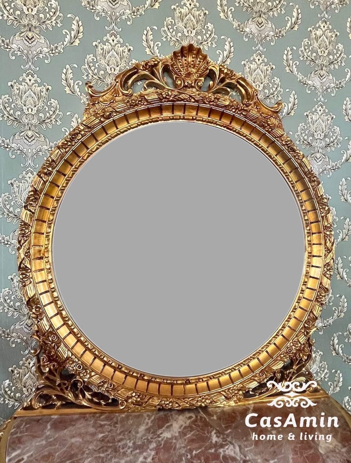 Console Table & Round Mirror Royal Baroque Antique Style Console Table Marble Top in Gold Finish for Villa House Hotel Lobby Decor