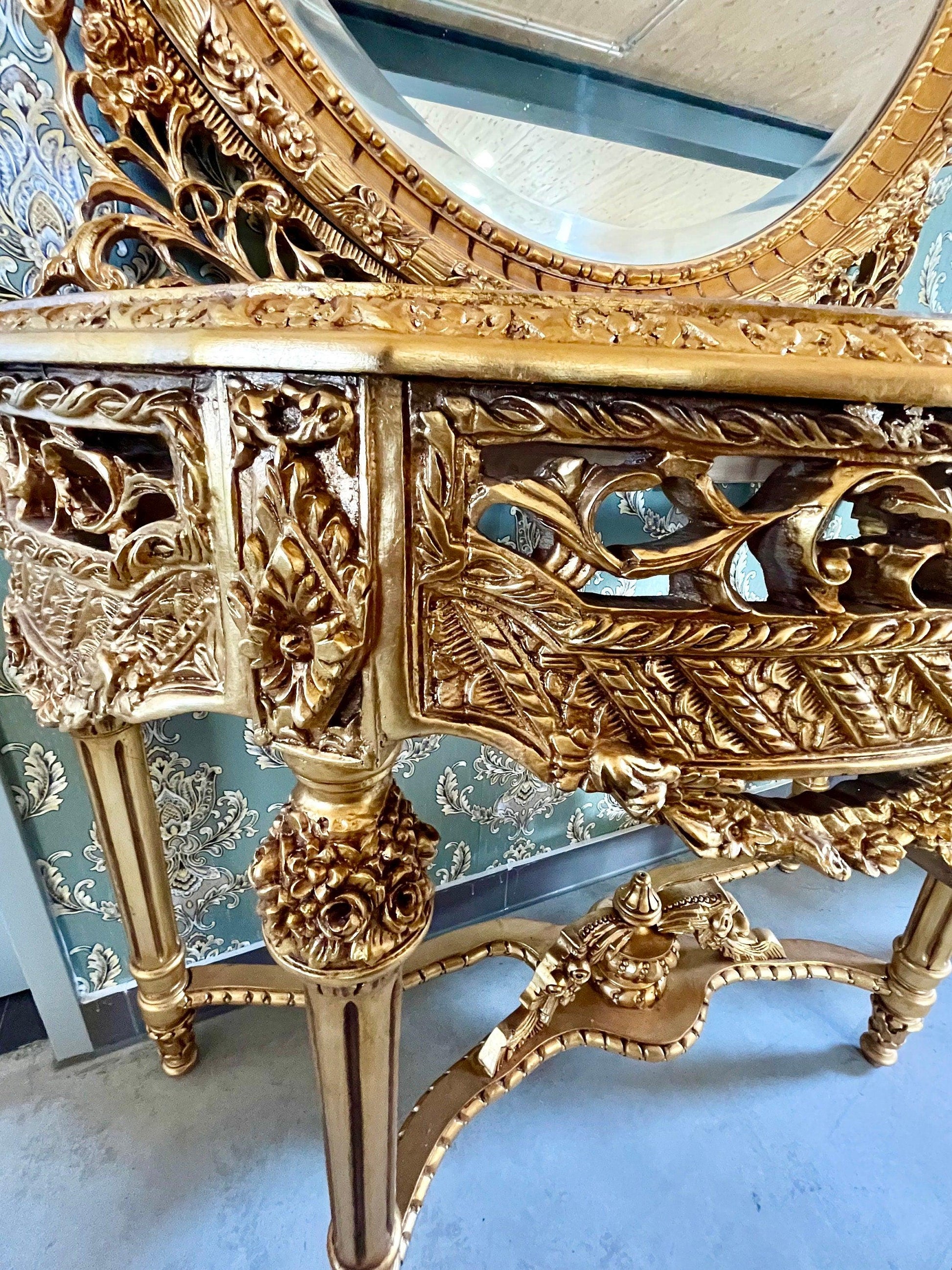 Console Table & Round Mirror Royal Baroque Antique Style Console Table Marble Top in Gold Finish for Villa House Hotel Lobby Decor