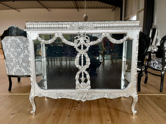 Display Cabinet Silver Black Color Baroque Antique Style Showcase Glass Door with Black Marble Top in Silver Finish for Home Decor