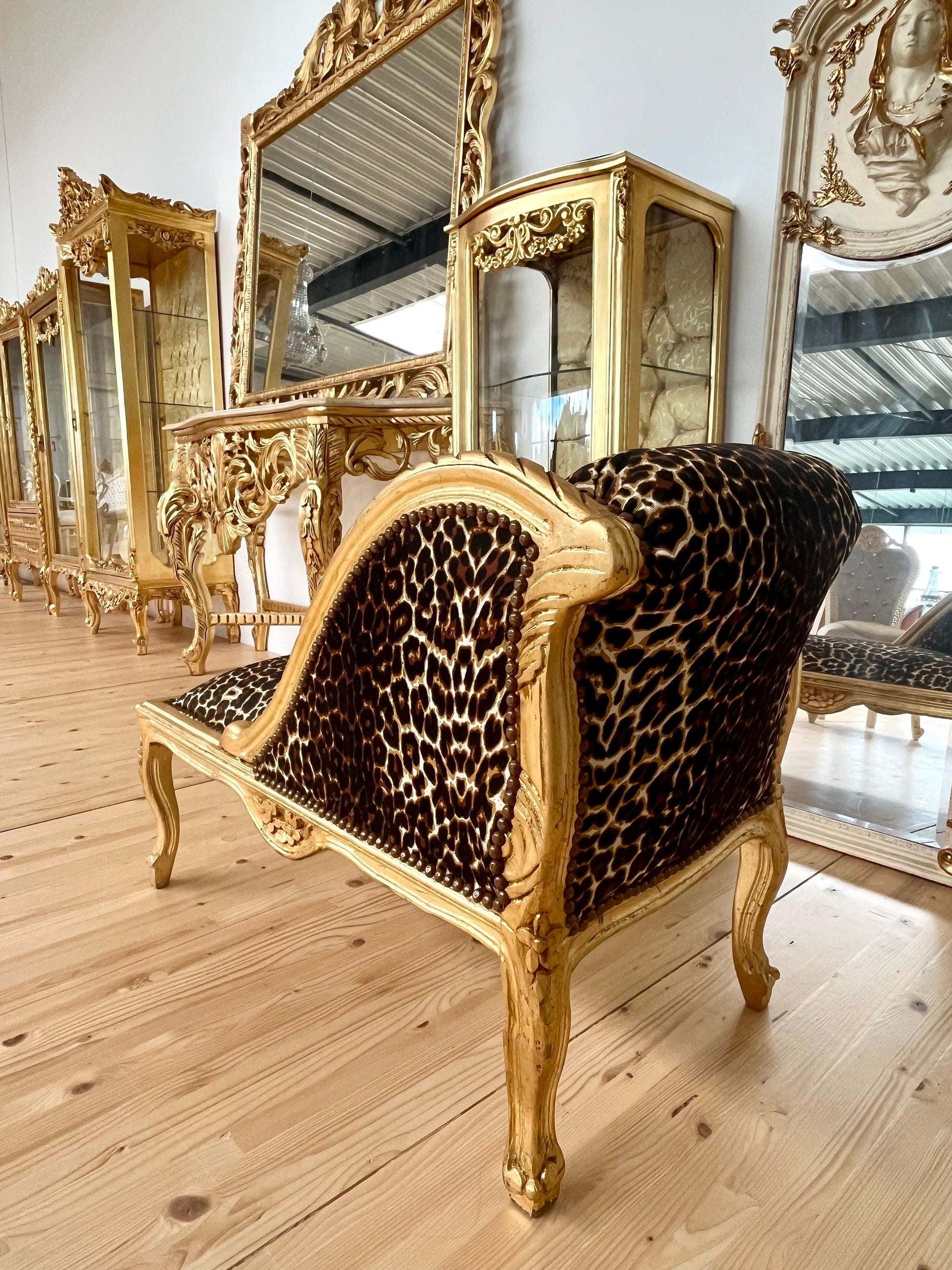 Bench French Louis Style SMALL Longue Bench Leopard Print Retro Baroque Style Ottoman for Home Decor Ottoman or Bench in Gold Finish