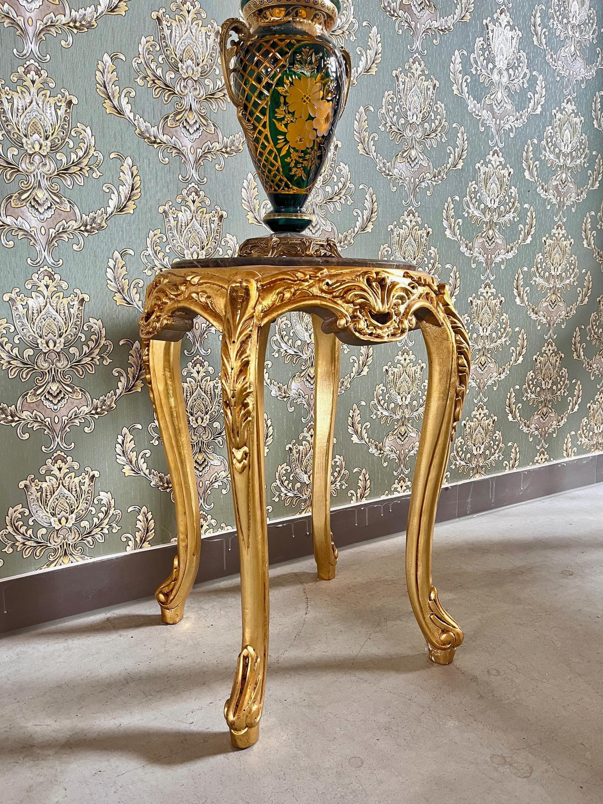 Round Side Table French Louis Antique Style Handmade Side Table with Brown Marble Top Retro Baroque Style In Gold Finish for Home Decor