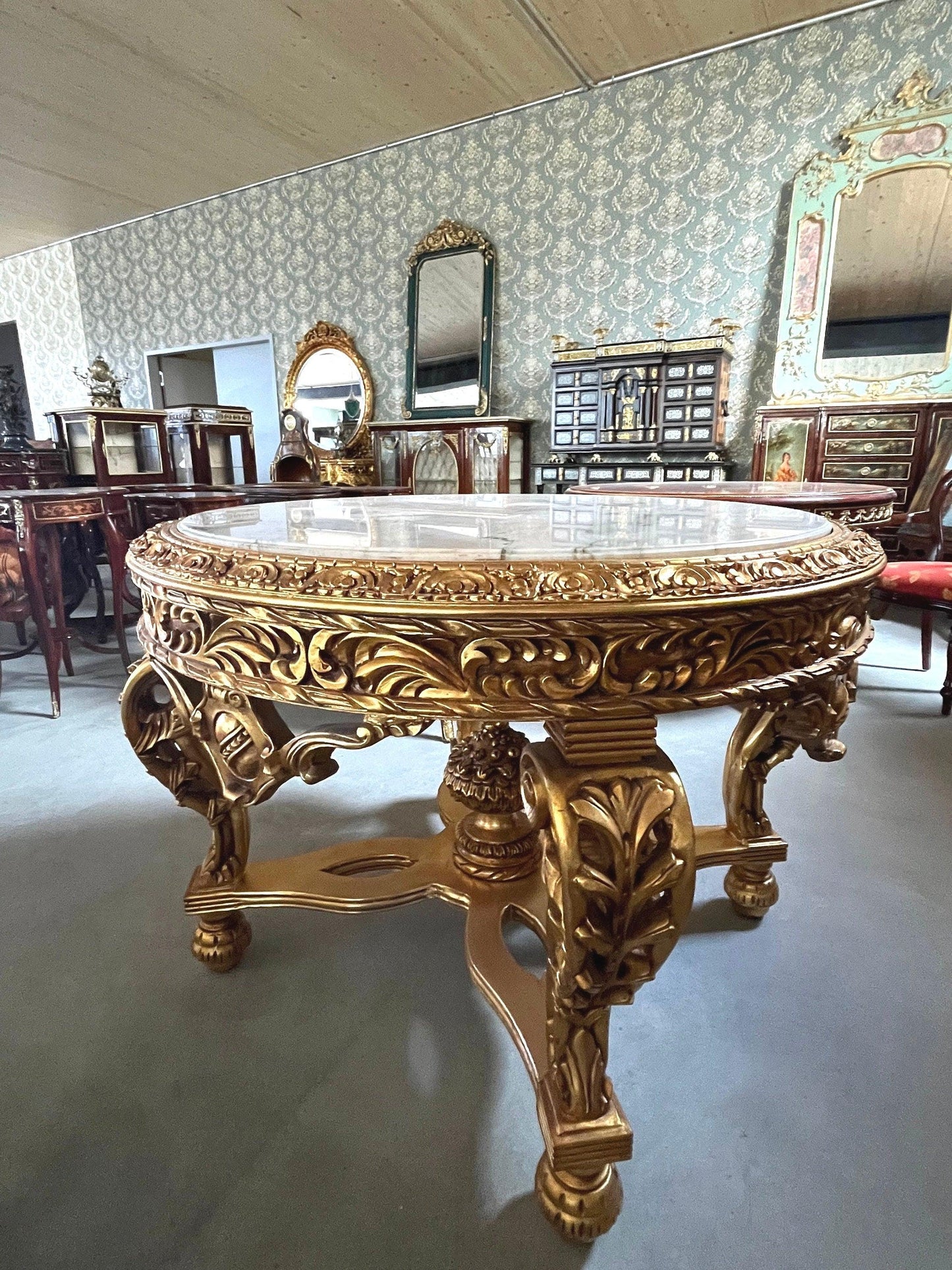 Round Wooden Table Marble Top Royal French Baroque Antique Style in Italian Carrara Marble White Gold Finish Huge Table for Hotel Home Decor