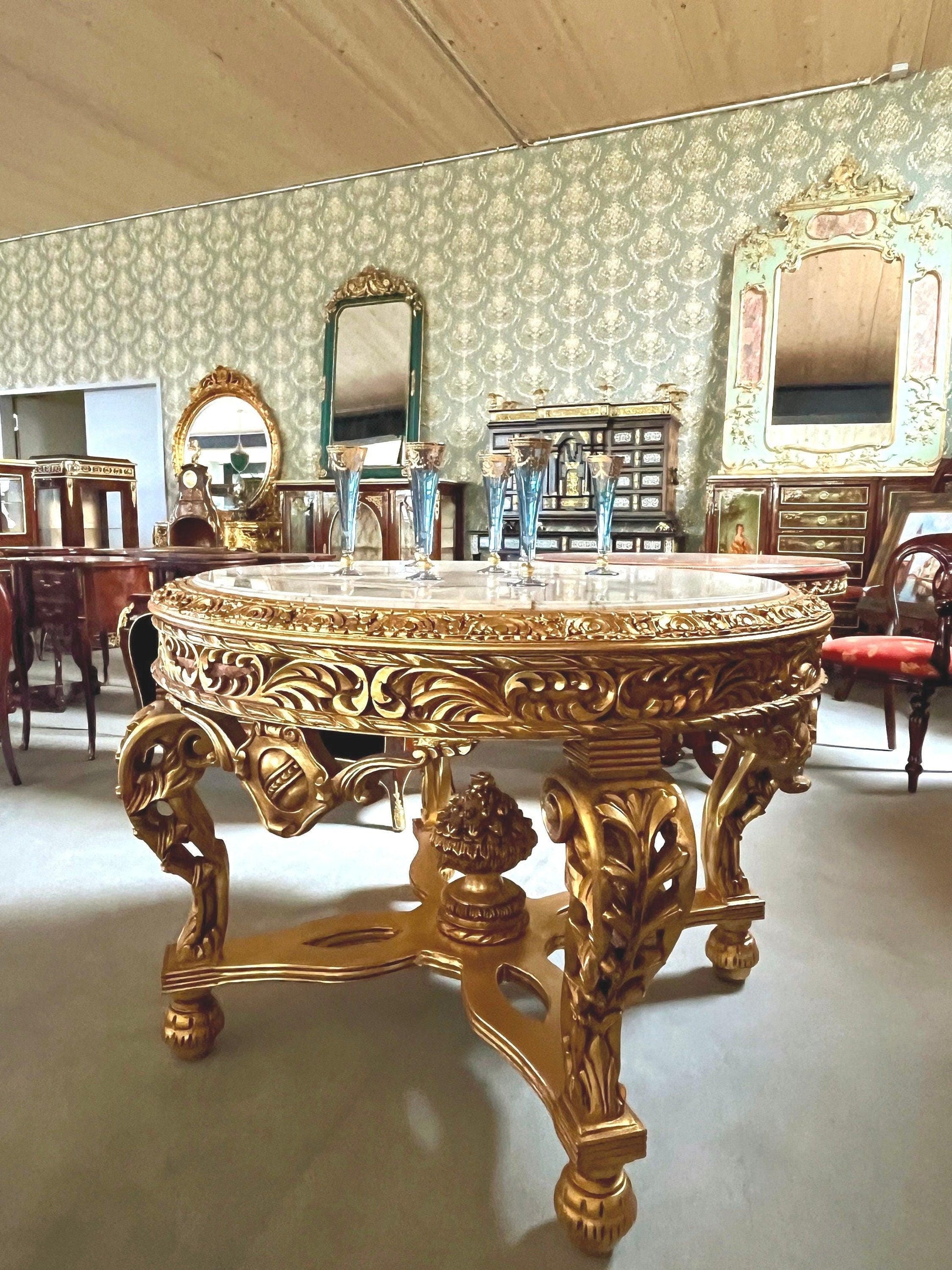 Round Wooden Table Marble Top Royal French Baroque Antique Style in Italian Carrara Marble White Gold Finish Huge Table for Hotel Home Decor