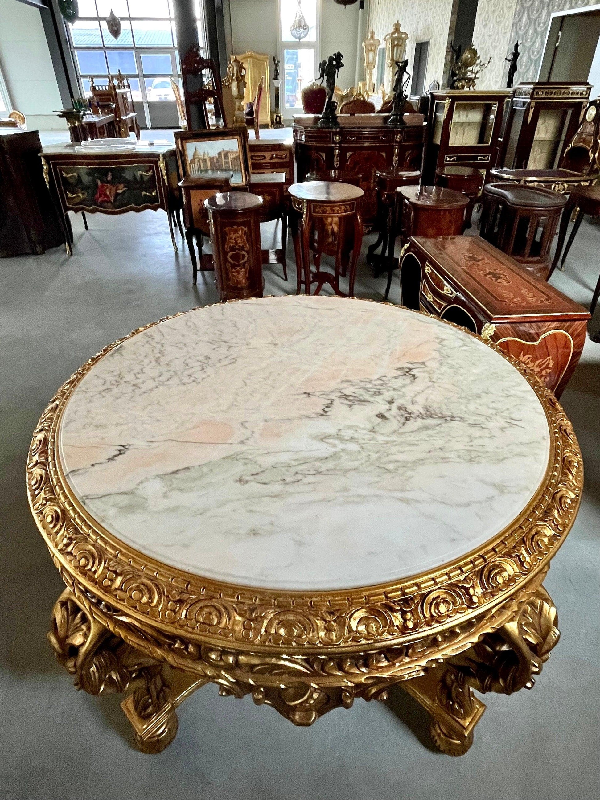 Round Wooden Table Marble Top Royal French Baroque Antique Style in Italian Carrara Marble White Gold Finish Huge Table for Hotel Home Decor