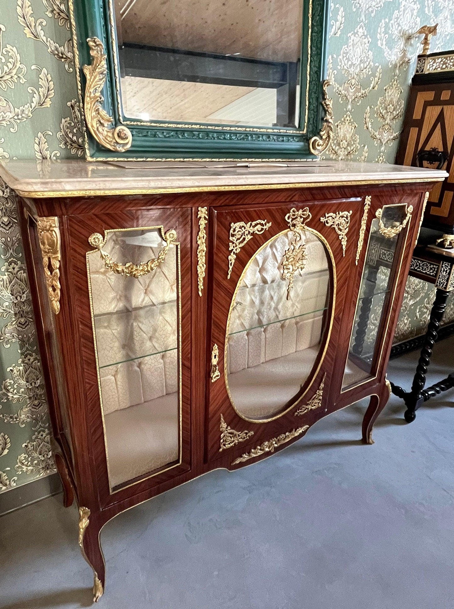 Showcase Wood Marble Brass Home Decor French Baroque Style Marble Top Wood Showcase French Louis XV Style Showcase Antique Style for Home
