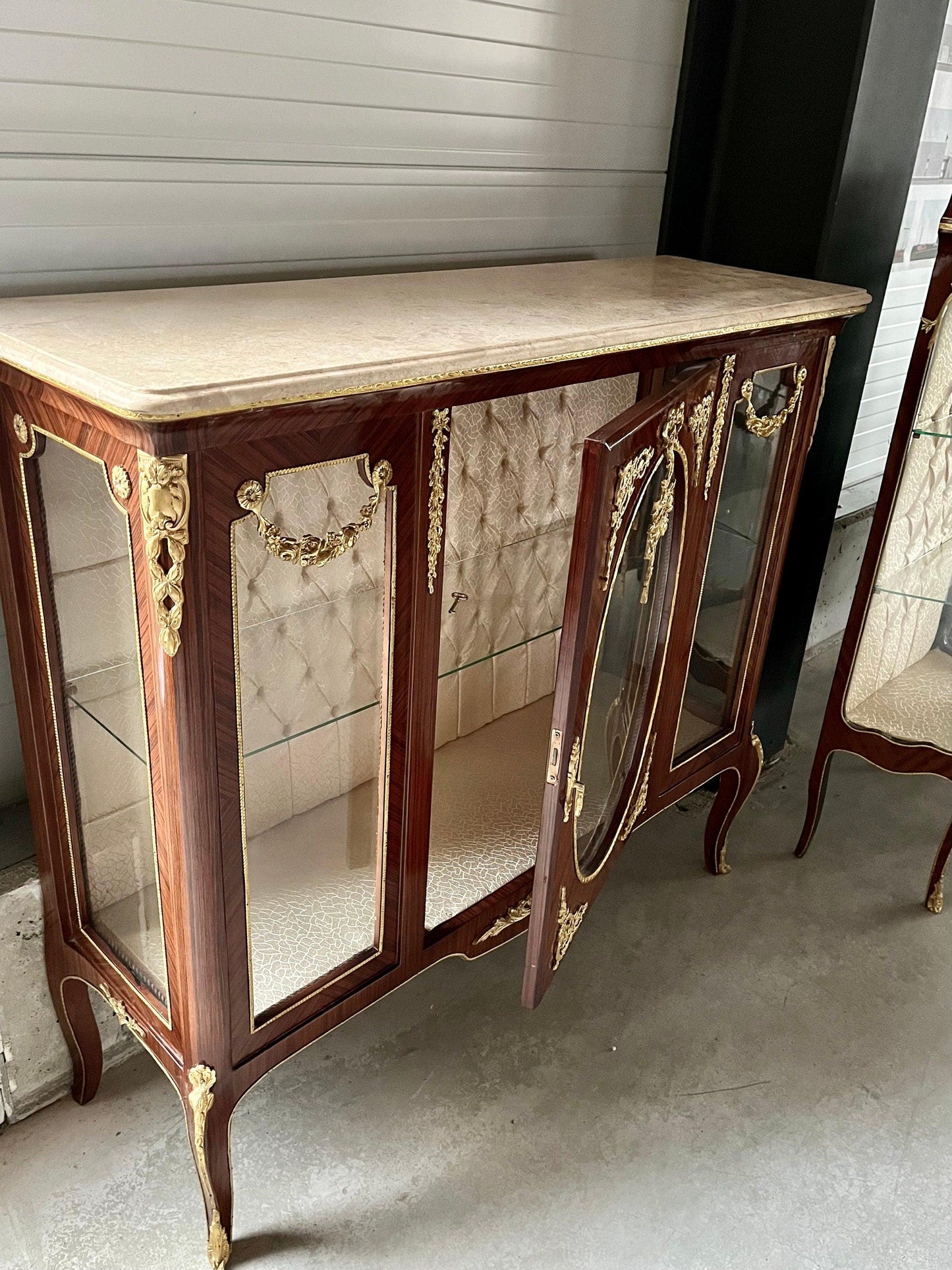 Showcase Wood Marble Brass Home Decor French Baroque Style Marble Top Wood Showcase French Louis XV Style Showcase Antique Style for Home
