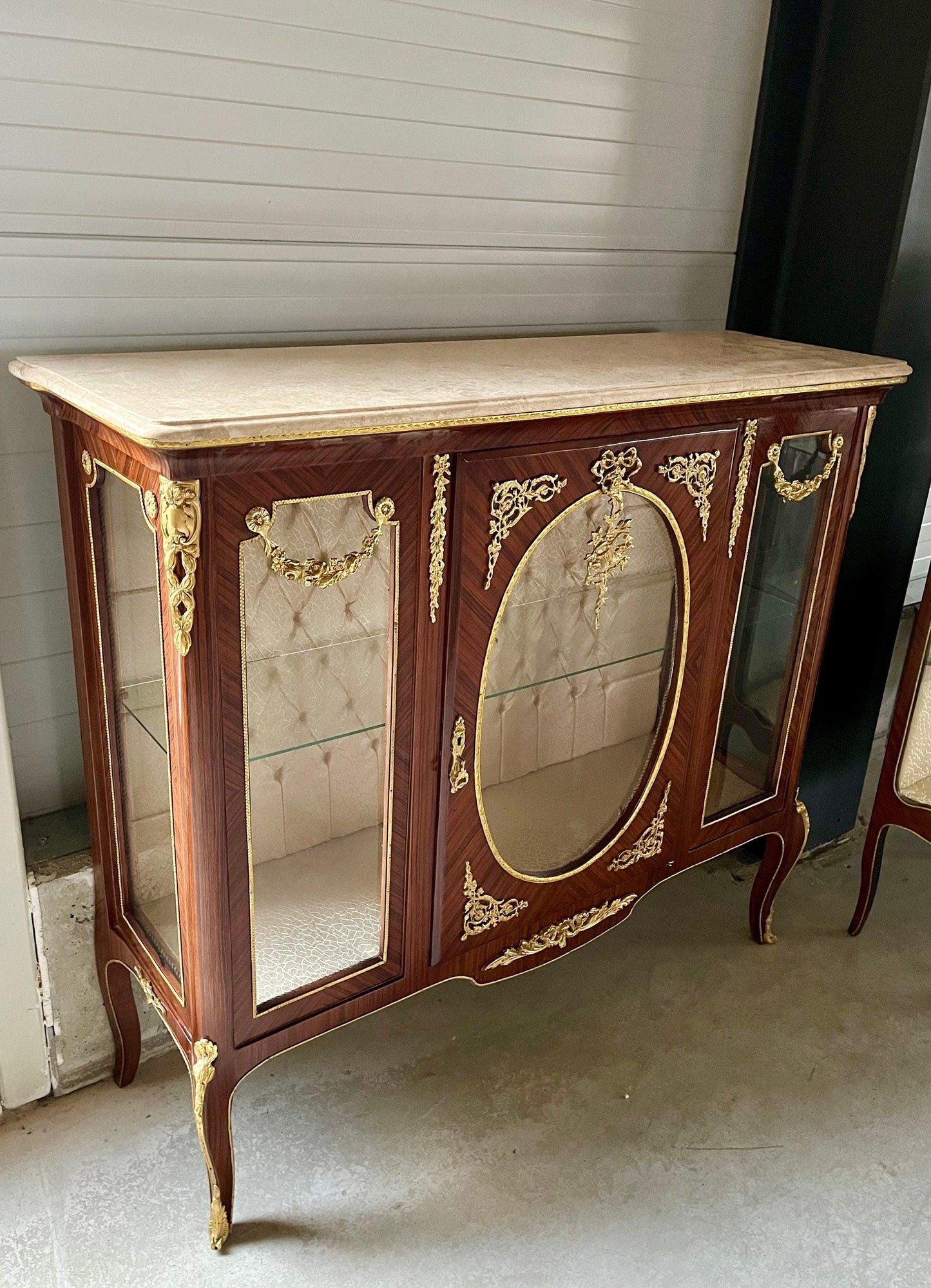 Showcase Wood Marble Brass Home Decor French Baroque Style Marble Top Wood Showcase French Louis XV Style Showcase Antique Style for Home