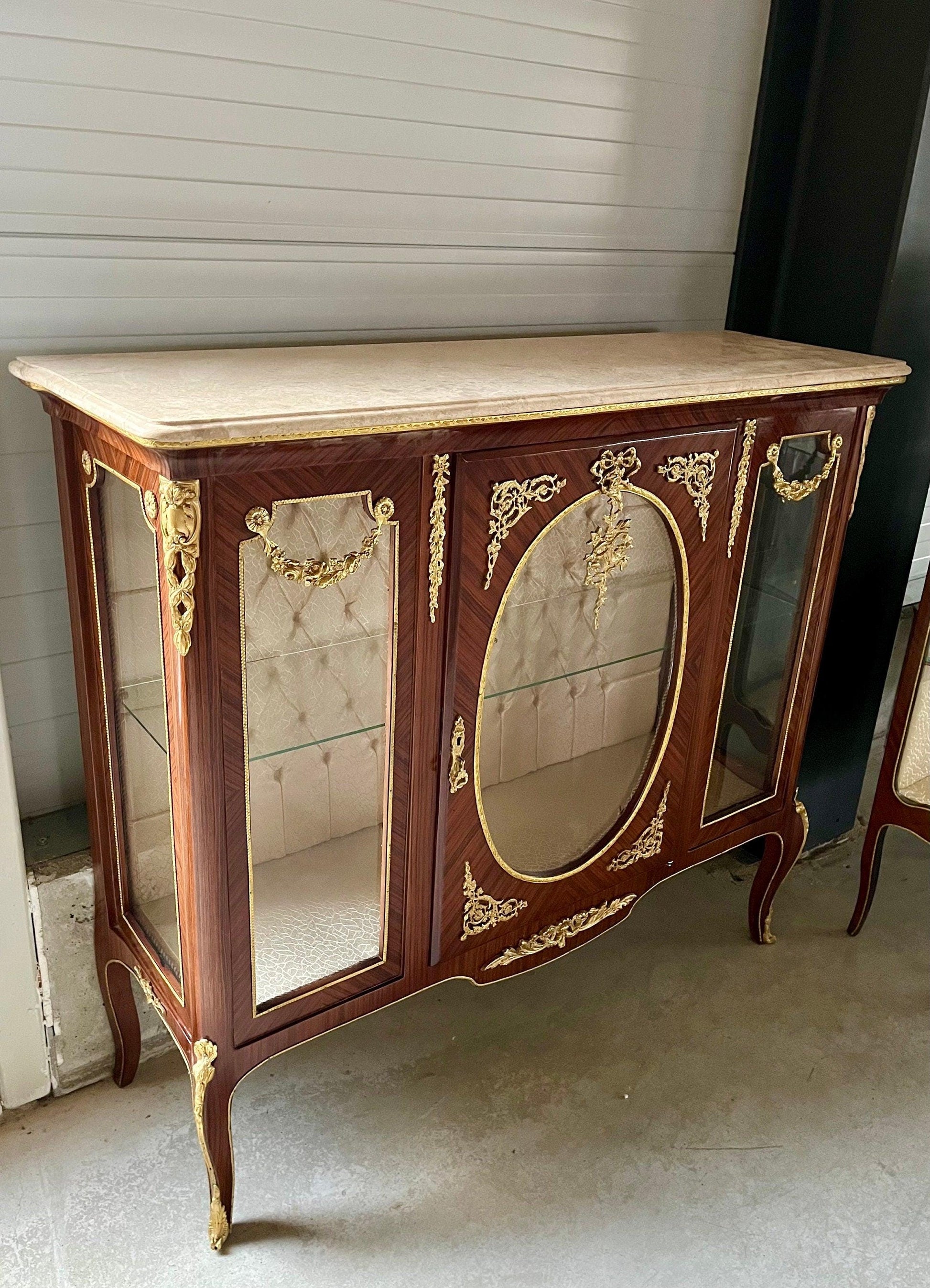 Showcase Wood Marble Brass Home Decor French Baroque Style Marble Top Wood Showcase French Louis XV Style Showcase Antique Style for Home