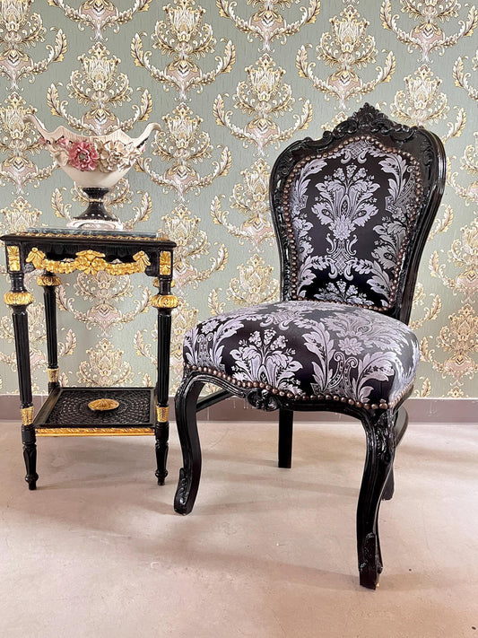 Accent Chair Black Colour French Louis Dining Chair in Black Floral Pattern Retro Baroque Rococo Style Chair for Home Décor