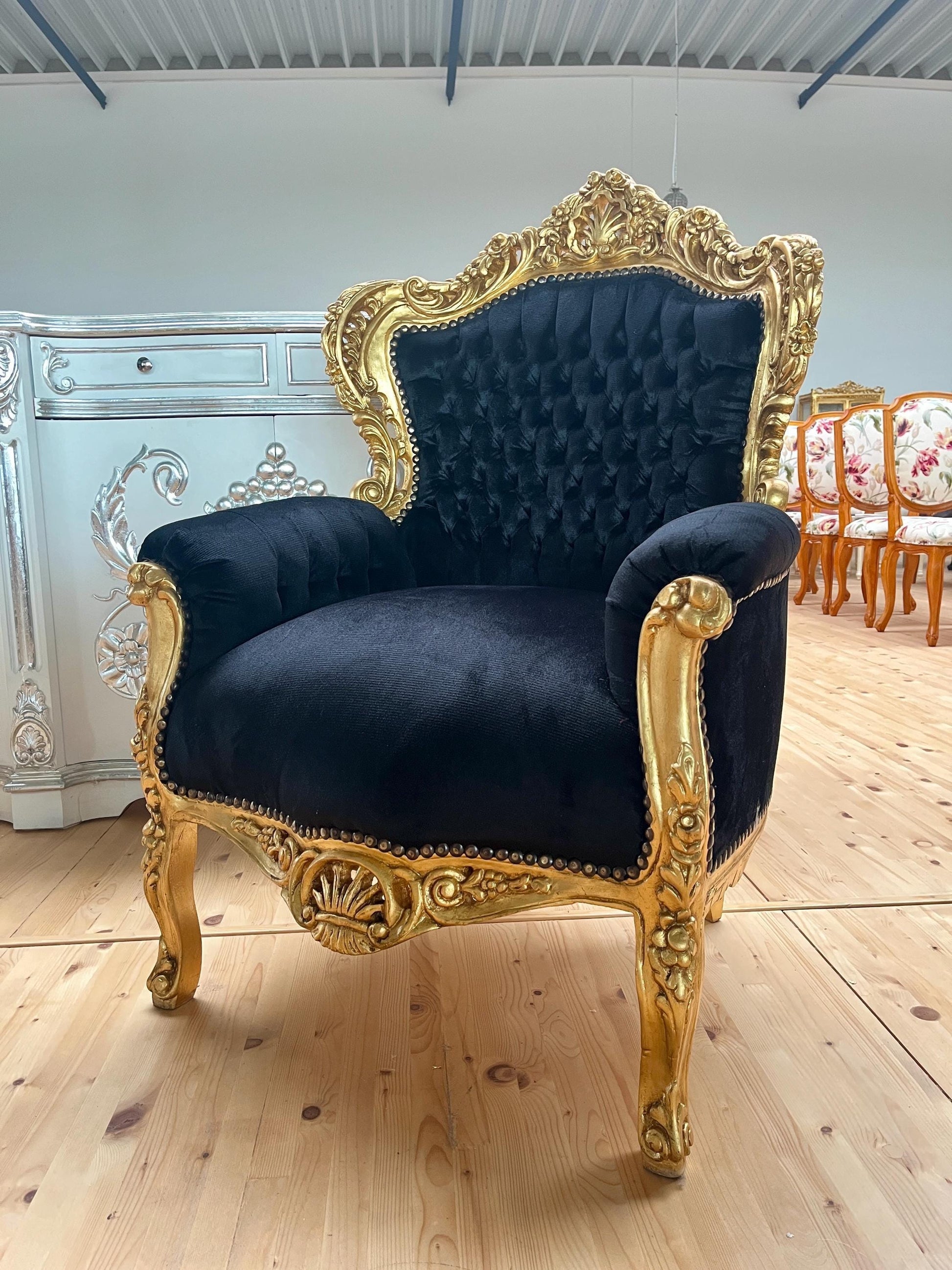 Französischer Barock-Sessel im Rokoko-Stil /French Baroque Rococo Style Armchair - Gold Black
