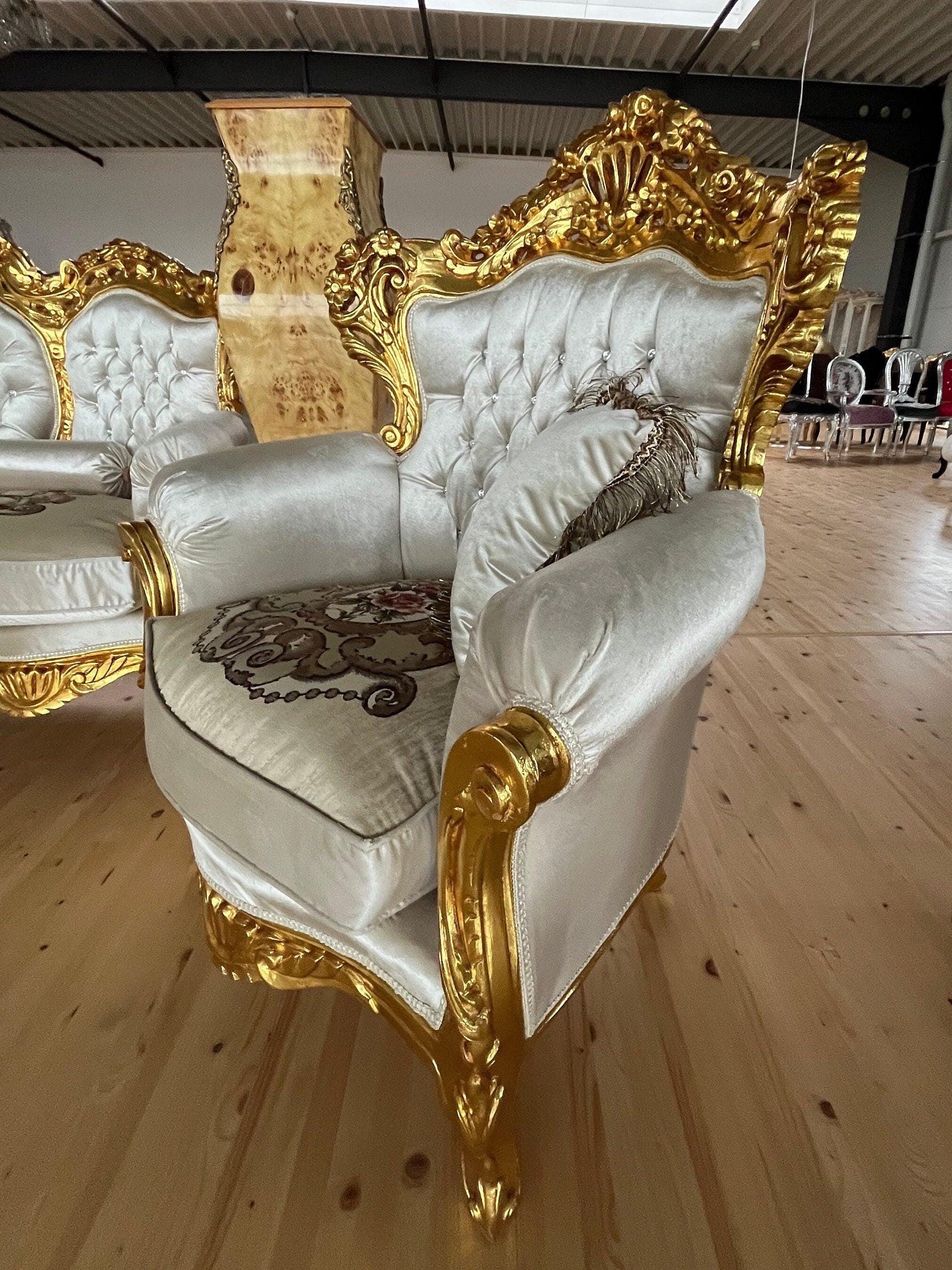 Sofa Set French Louis XV Style Settee Marble Slab Top Caffè Table Retro Baroque Style Sofa Set in Bright Ivory Velvet for Home Decor