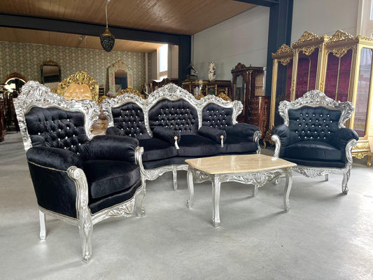 Modern Antique Louis XV Sofa Set in Silver Finish for Living Room Sofa Set Baroque Rococo Couch Set in Black Velvet Gold Finish Home Decor