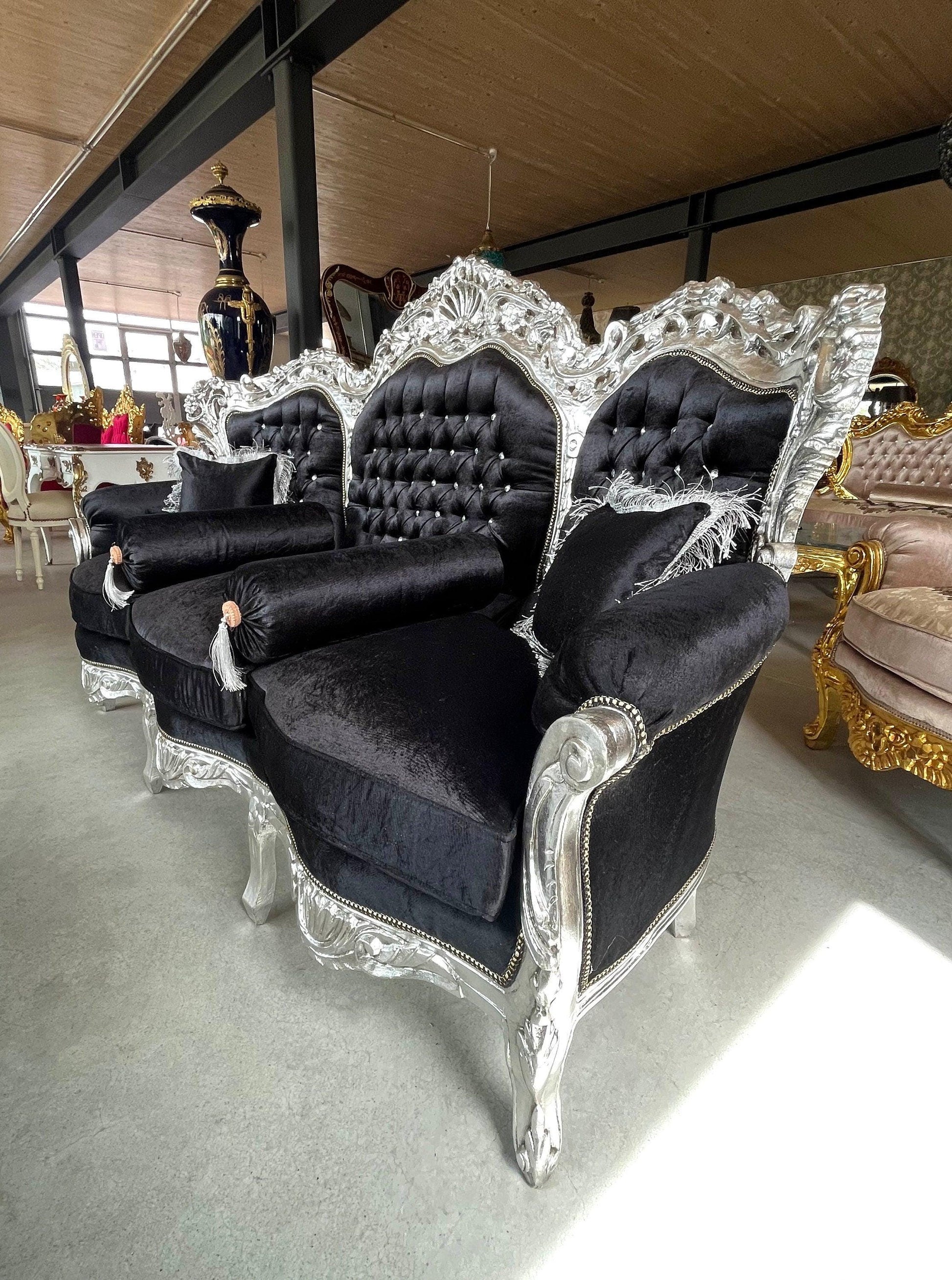 Modern Antique Louis XV Sofa Set in Silver Finish for Living Room Sofa Set Baroque Rococo Couch Set in Black Velvet Gold Finish Home Decor