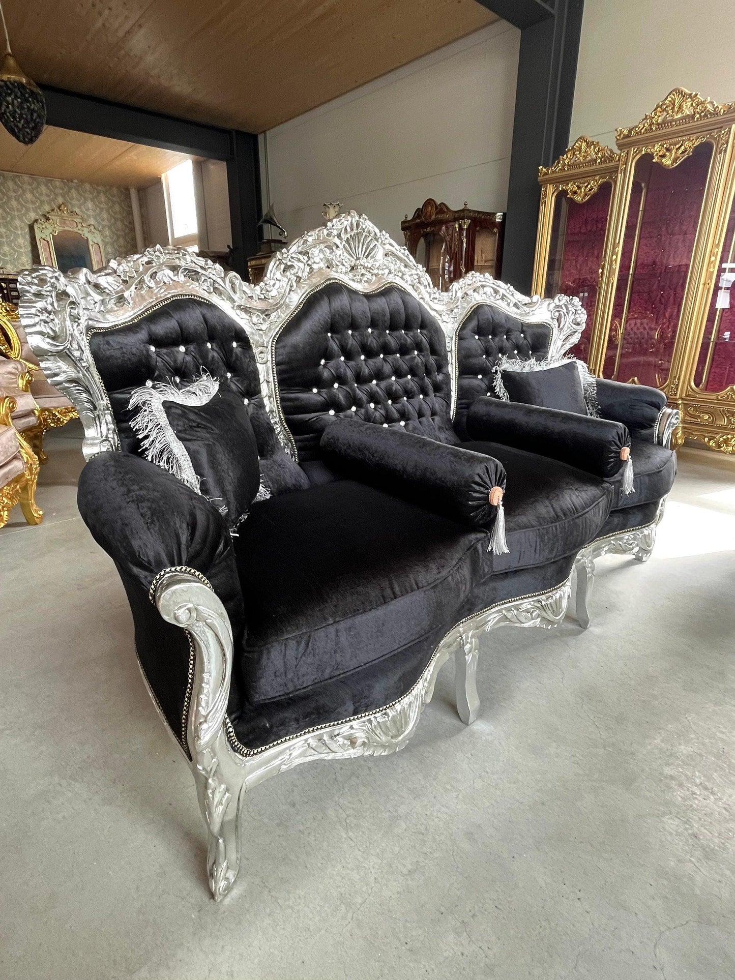 Modern Antique Louis XV Sofa Set in Silver Finish for Living Room Sofa Set Baroque Rococo Couch Set in Black Velvet Gold Finish Home Decor