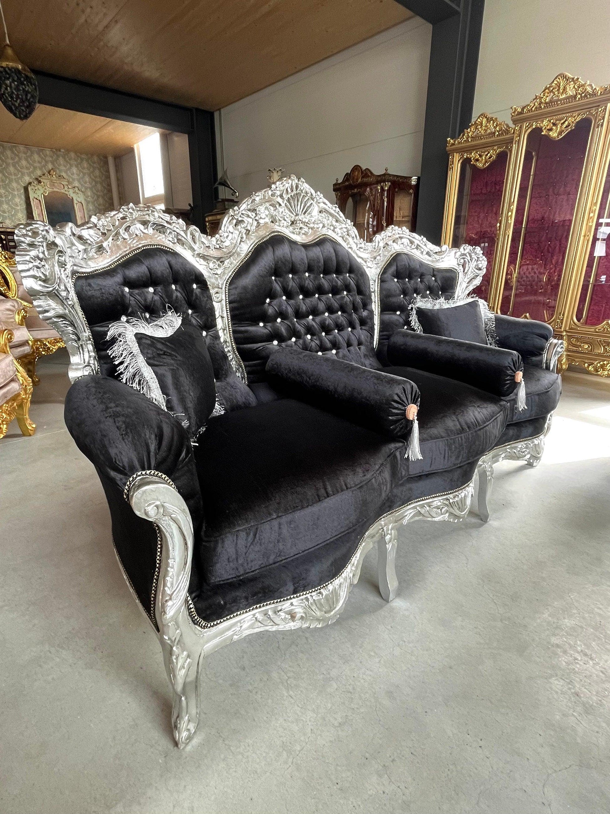 Modern Antique Louis XV Sofa Set in Silver Finish for Living Room Sofa Set Baroque Rococo Couch Set in Black Velvet Gold Finish Home Decor