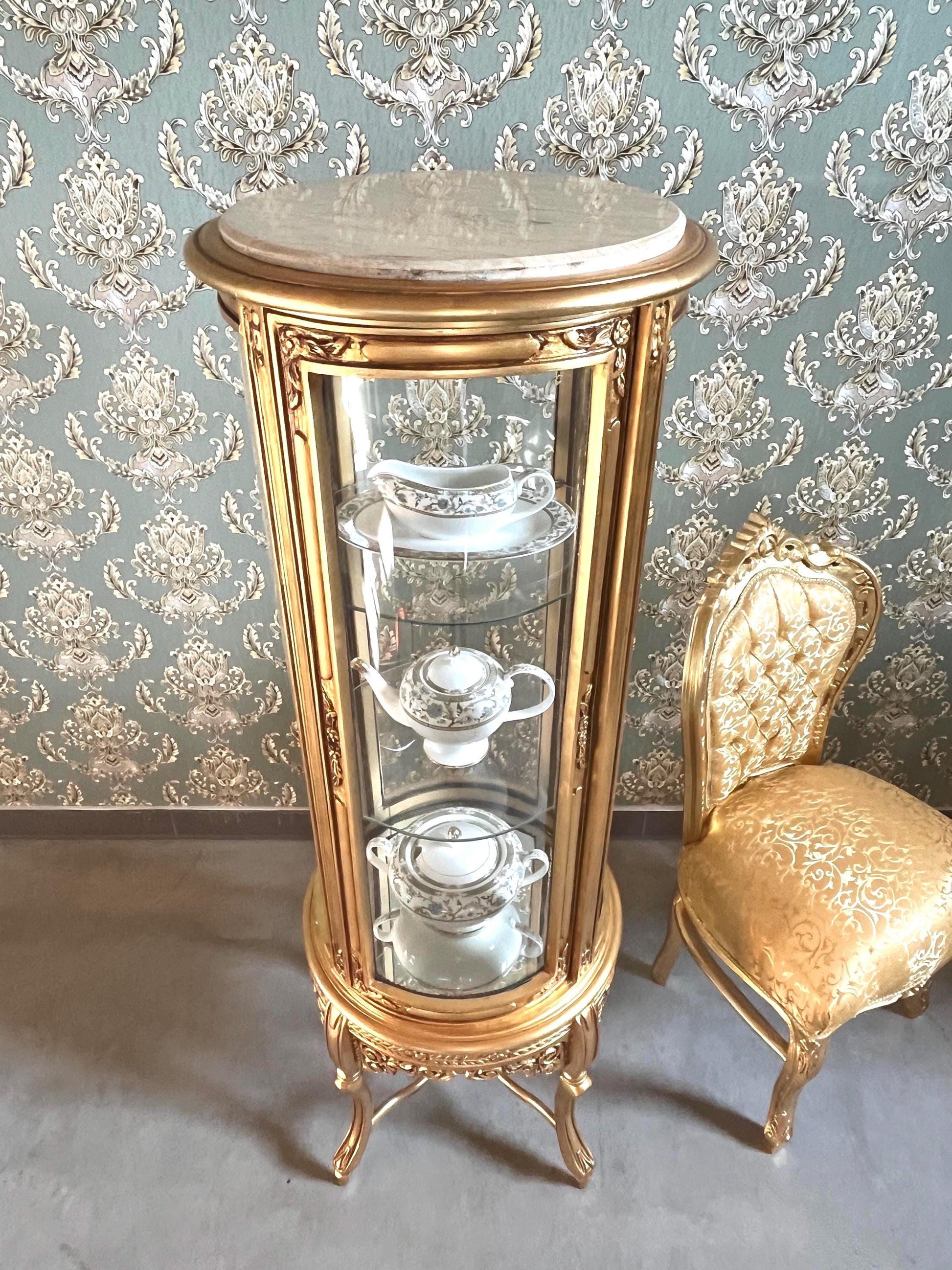 Display Cabinet French Louis Antique Style Glass Showcase Retro Baroque Style Wooden Cabinet in Gold Finish for Home Decor
