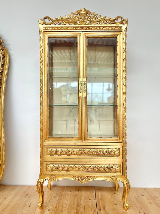 Display Cabinet Wooden French Louis XV Style Showcase Antique Baroque Style Reproduction in Gold Finish