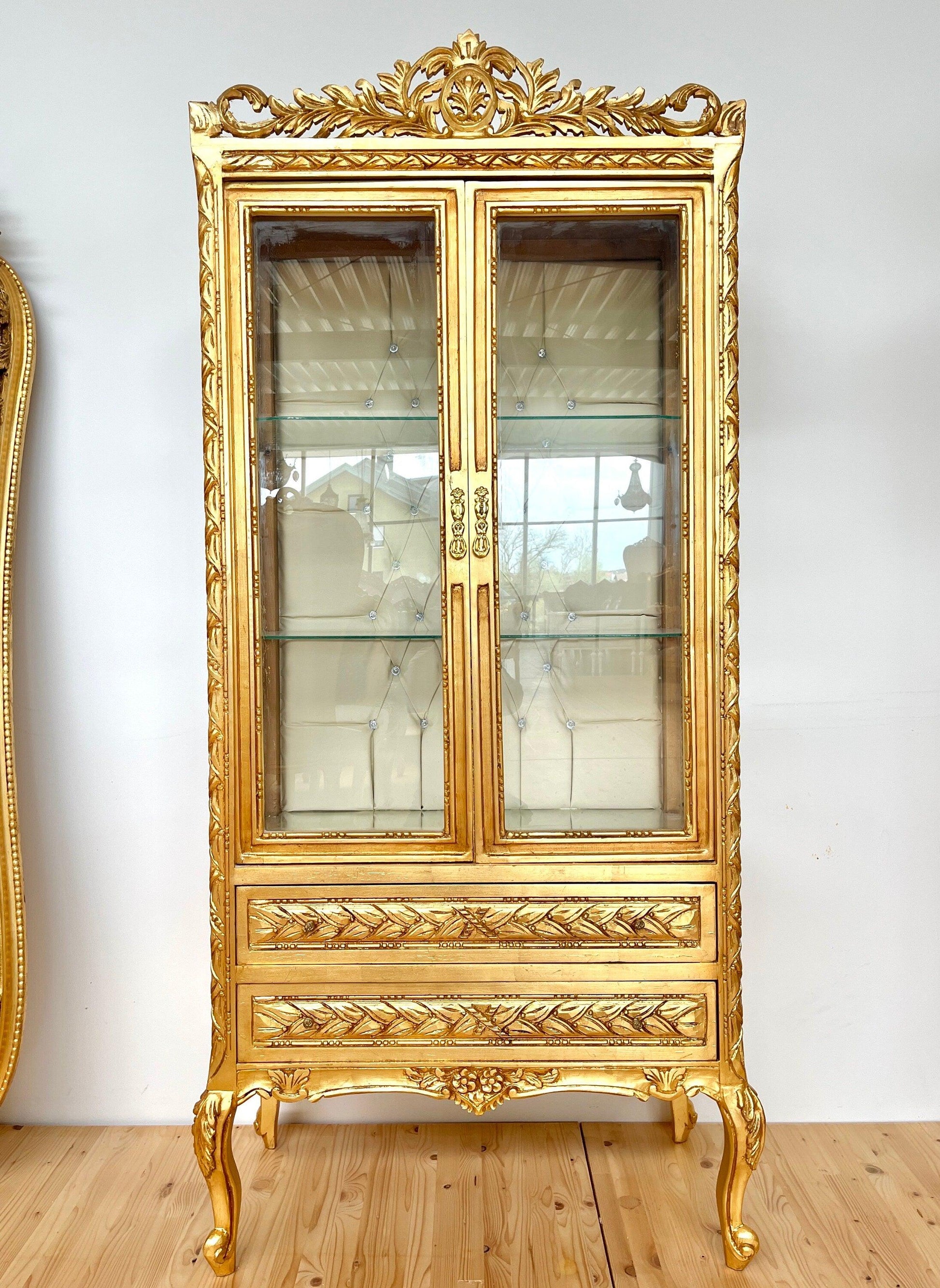 Display Cabinet Wooden French Louis XV Style Showcase Antique Baroque Style Reproduction in Gold Finish