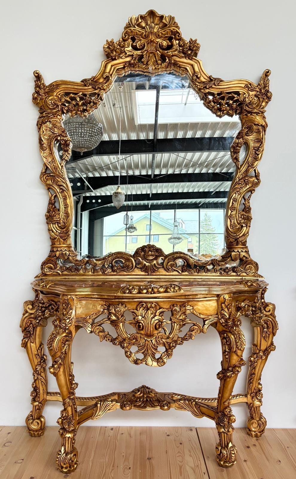 Huge Console Table Mirror Antique Style with Marble Slab Top Table Retro Baroque Style in Gold Finish for Home Decor for Hotel Display