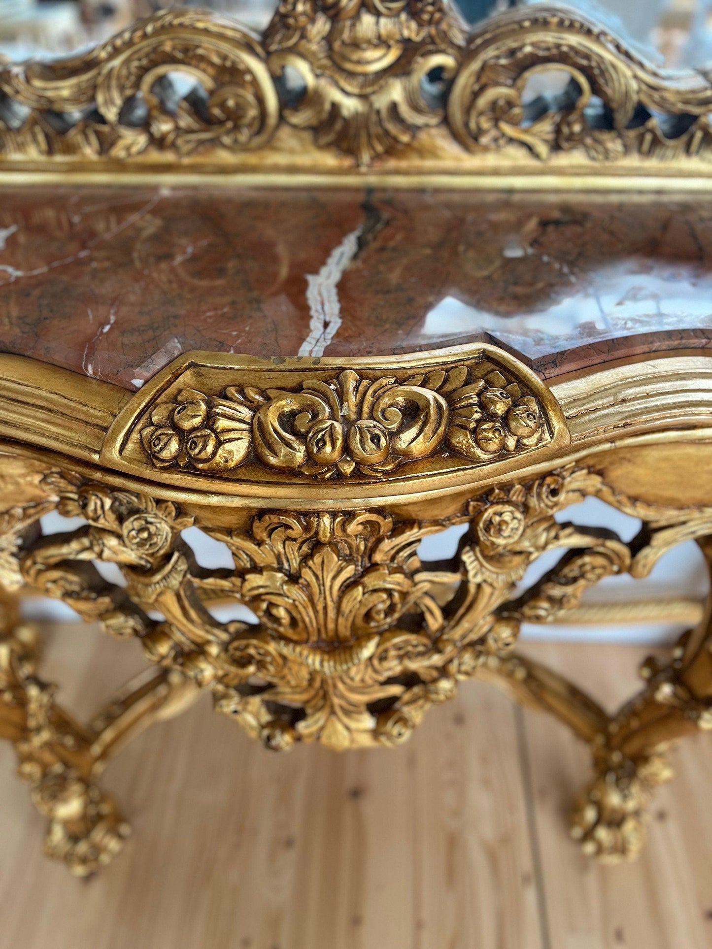 Huge Console Table Mirror Antique Style with Marble Slab Top Table Retro Baroque Style in Gold Finish for Home Decor for Hotel Display