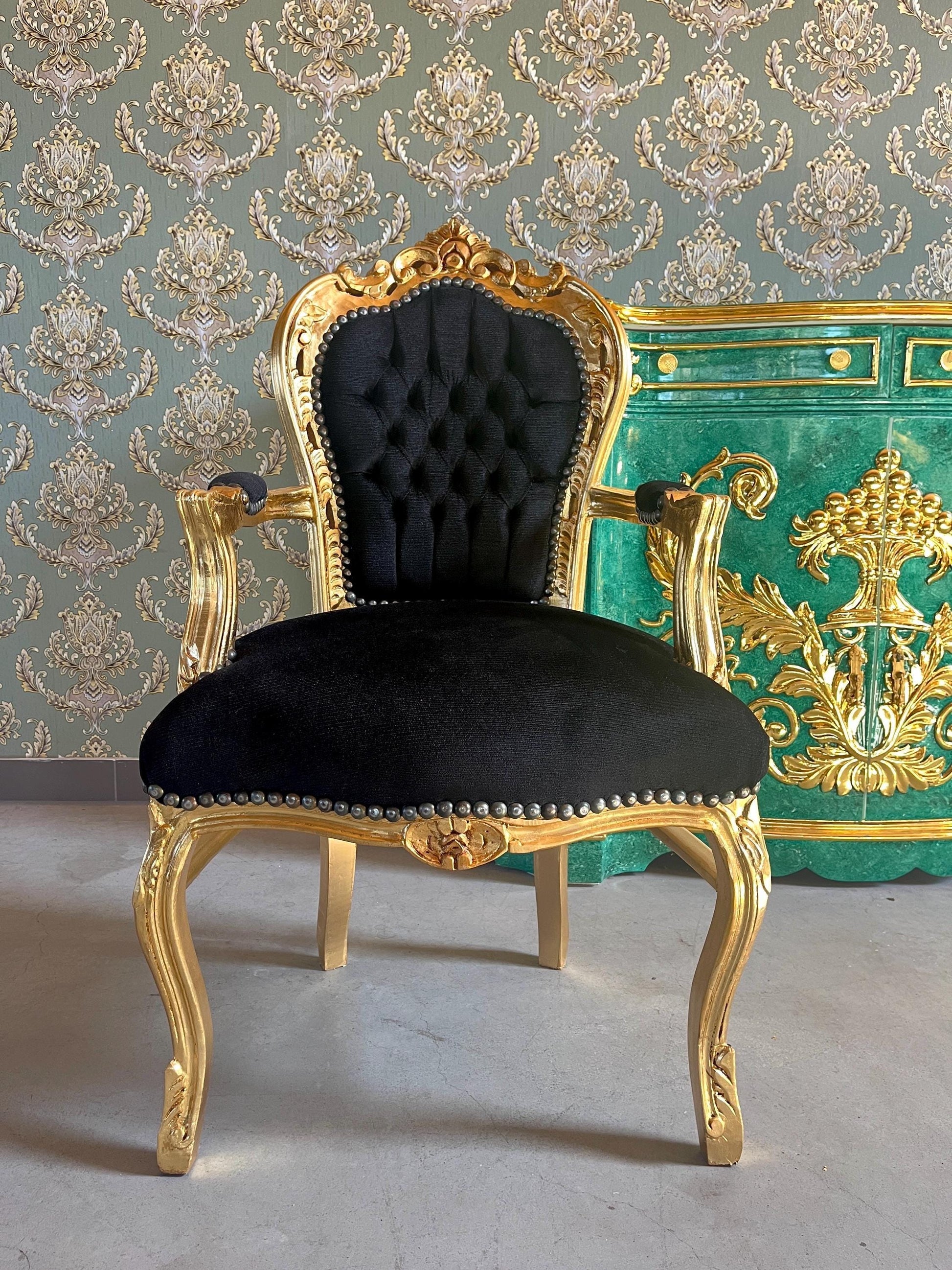 Armchair French Louis Style Black Velvet Chair Antique Style Baroque Rococo Style Armchair in Gold Finish Velvet Black for Home