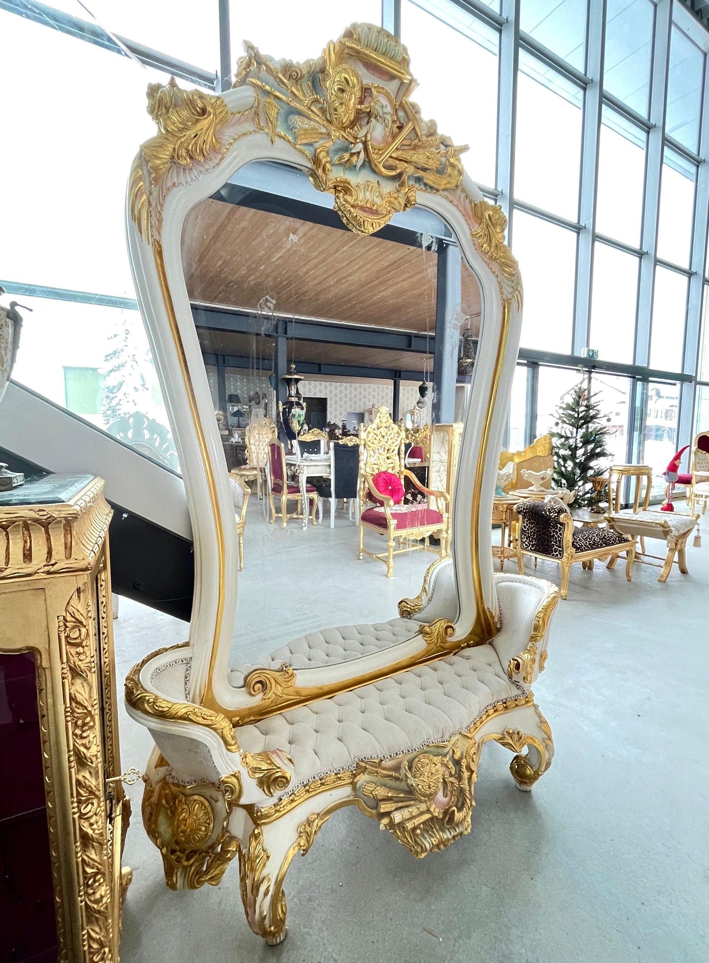 Wall Mirror & Bench Set Retro Baroque Rococo Style in Gold Finish Huge Mirror with Beige Velvet Bench Set for Commercial Lobby