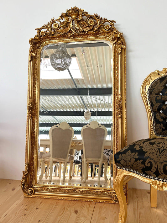 Floor Mirror French Baroque Style Mirror with Angel & Flowers Sculpture Decoration in Gold and Light Grey Frame for Home Decor