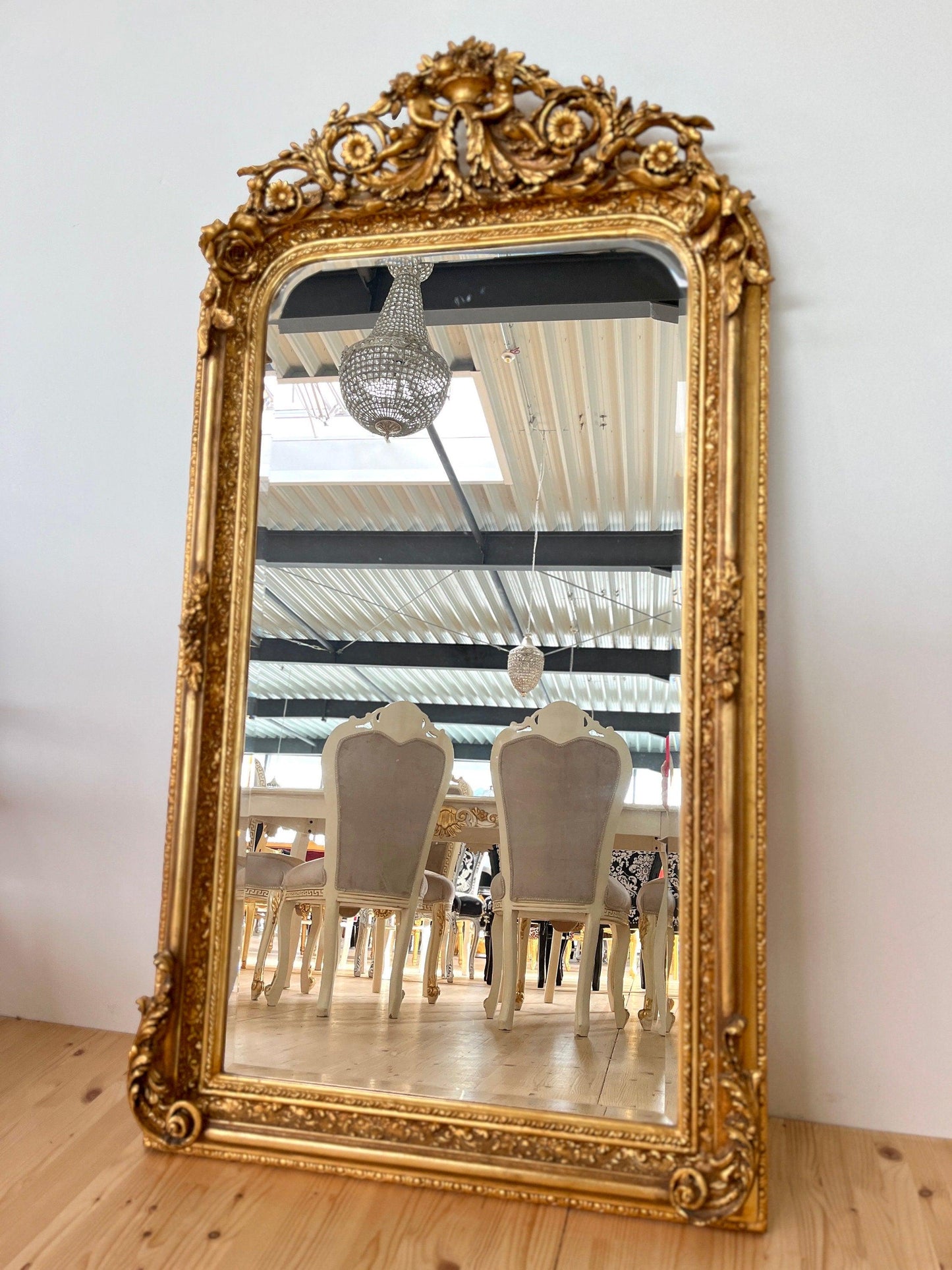 Floor Mirror French Baroque Style Mirror with Angel & Flowers Sculpture Decoration in Gold and Light Grey Frame for Home Decor