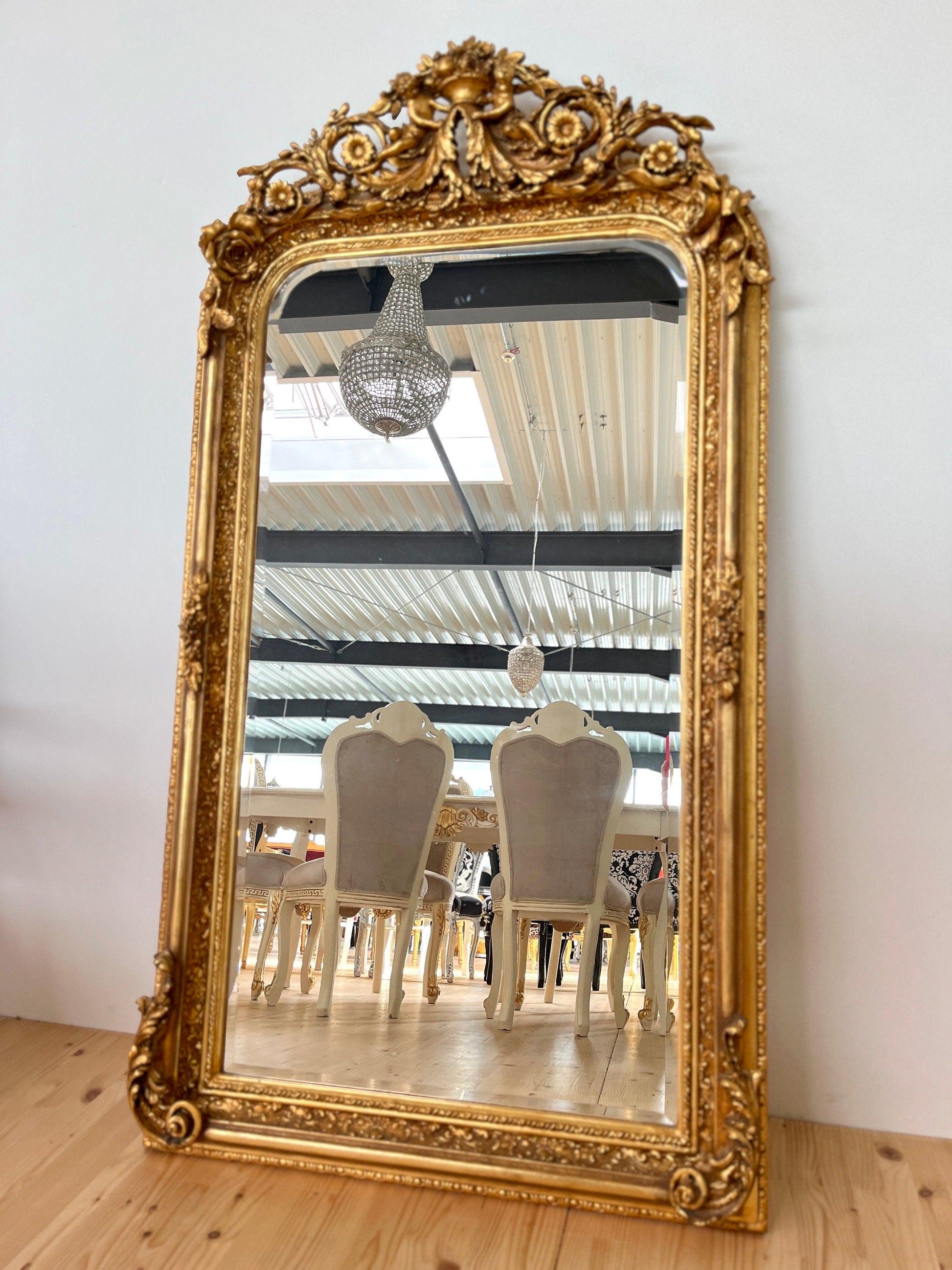 Floor Mirror French Baroque Style Mirror with Angel & Flowers Sculpture Decoration in Gold and Light Grey Frame for Home Decor