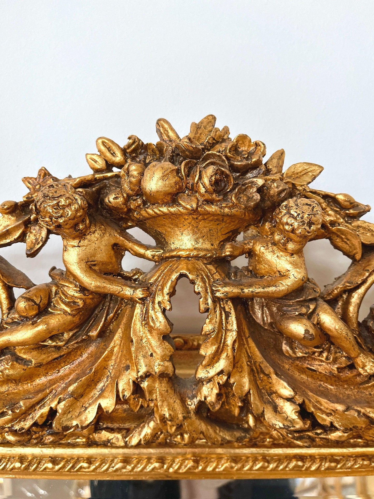 Floor Mirror French Baroque Style Mirror with Angel & Flowers Sculpture Decoration in Gold and Light Grey Frame for Home Decor