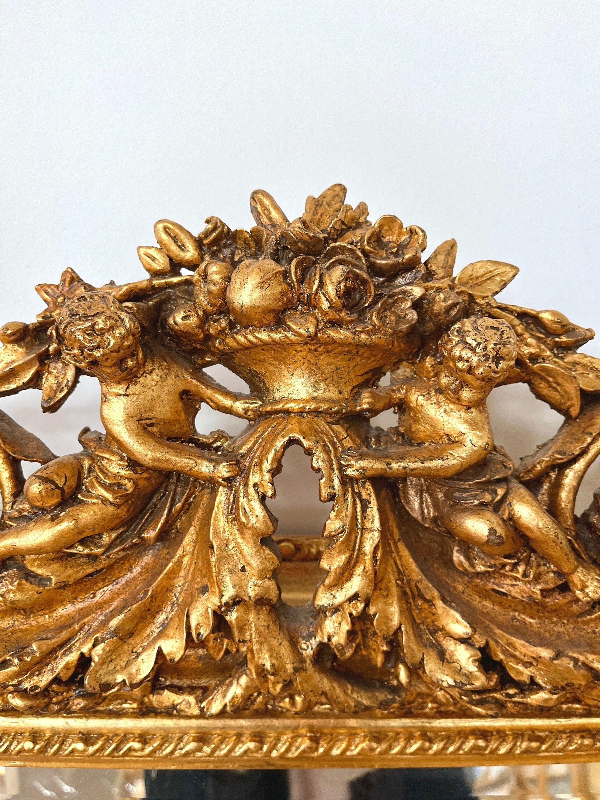Floor Mirror French Baroque Style Mirror with Angel & Flowers Sculpture Decoration in Gold and Light Grey Frame for Home Decor