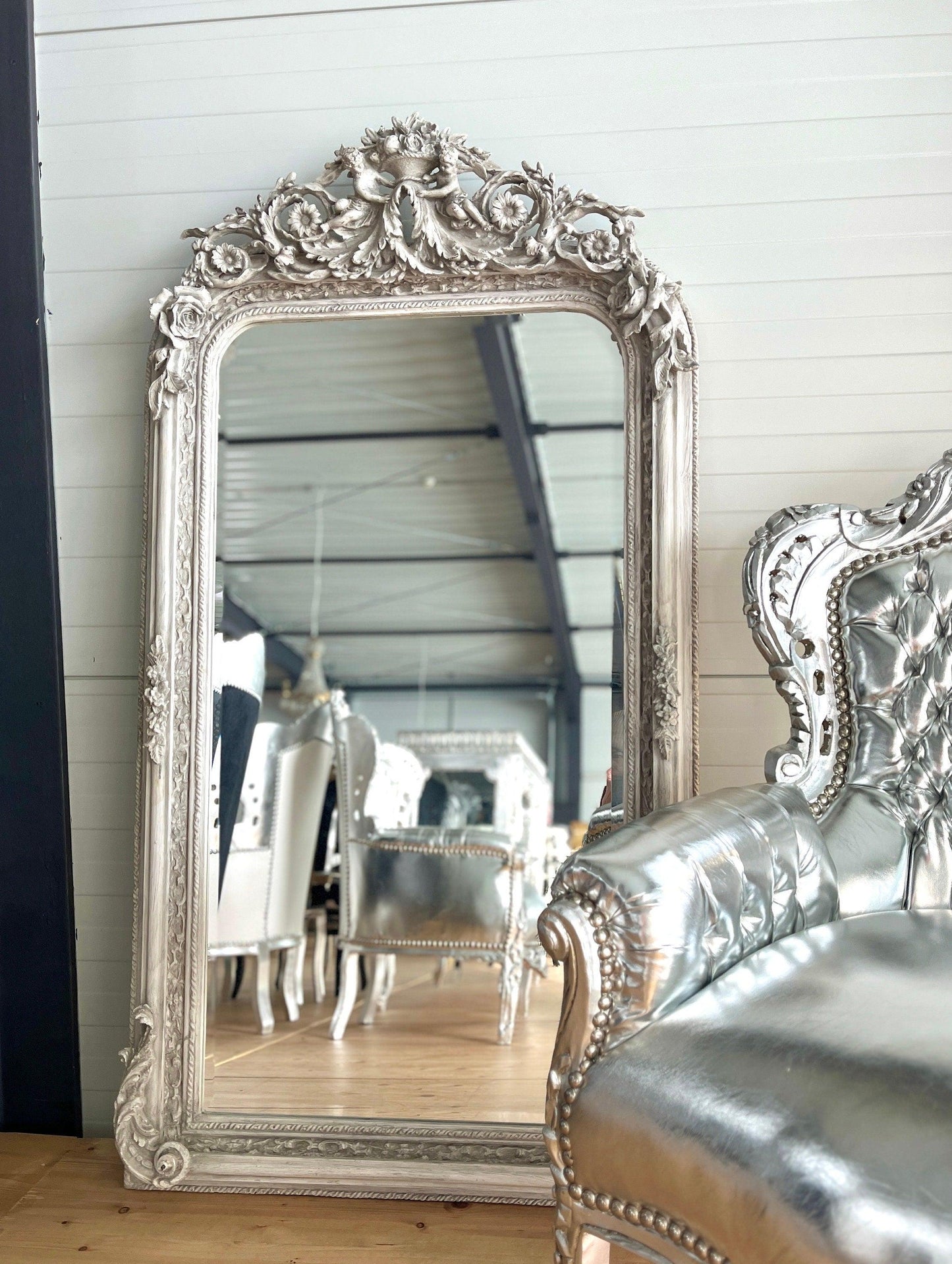 Floor Mirror French Baroque Style Mirror with Angel & Flowers Sculpture Decoration in Gold and Light Grey Frame for Home Decor