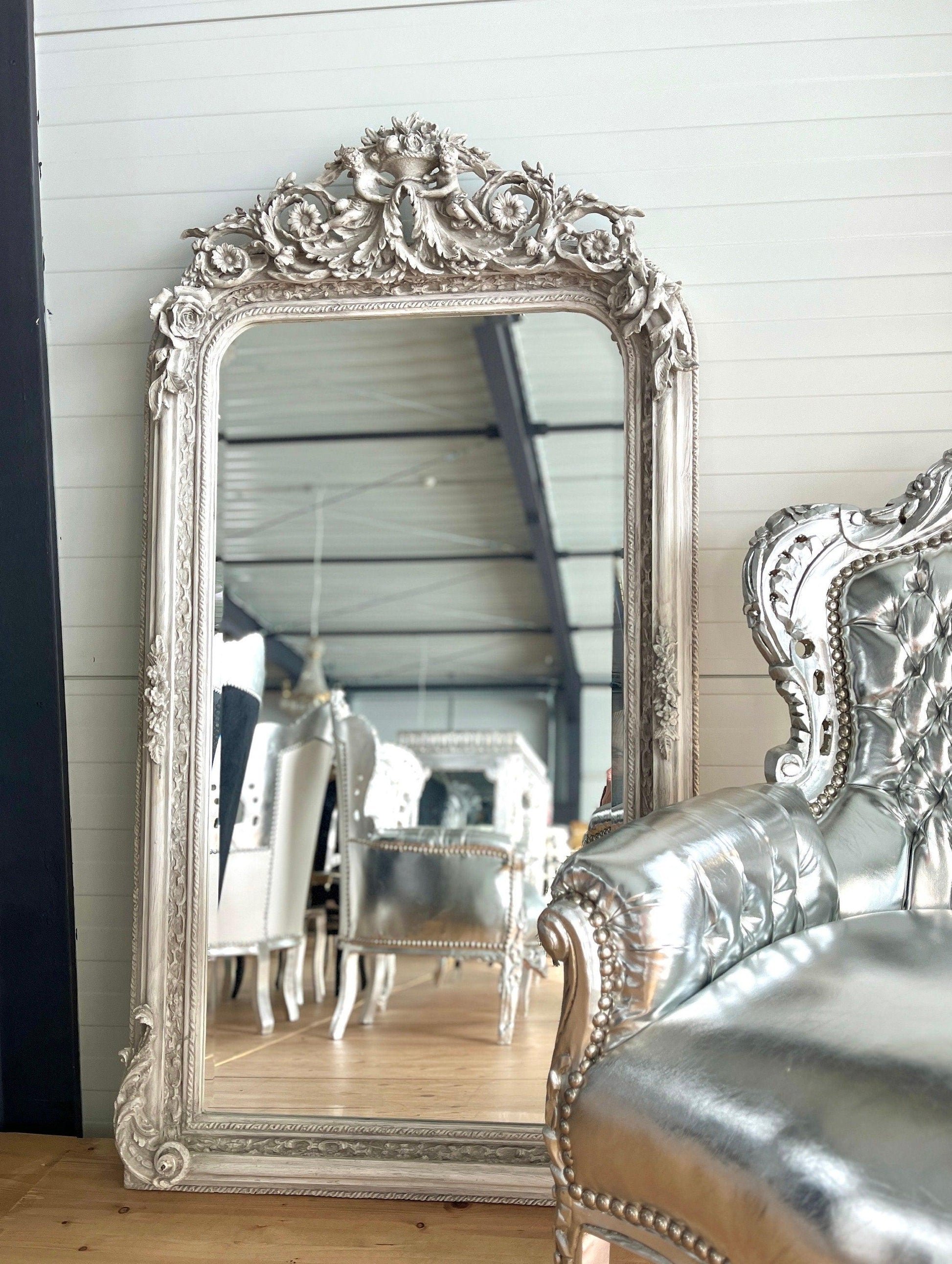 Floor Mirror French Baroque Style Mirror with Angel & Flowers Sculpture Decoration in Gold and Light Grey Frame for Home Decor