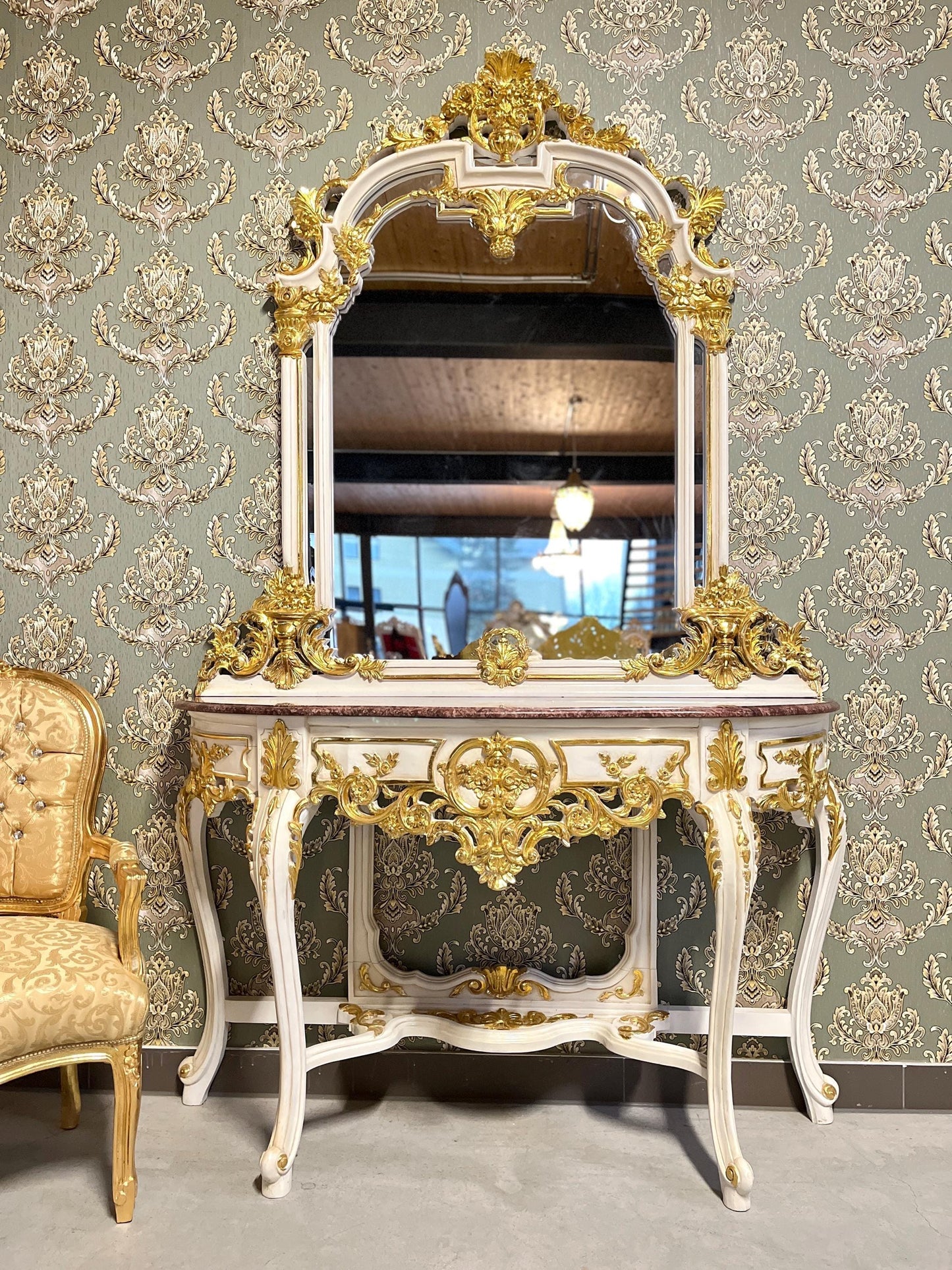 Deluxe Table Console Mirror Set French Antique Style Baroque Rococo Style Red Marble Slab Top in Gold Finish for Home Decor for Hotel Decor
