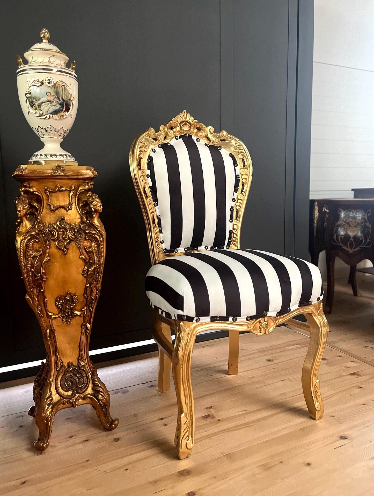 Accent Chair Deluxe Velvet in Black Stripe French Louis XV Style Chair in Gold Finish Retro Baroque Rococo Style Dining Chair for Home Decor