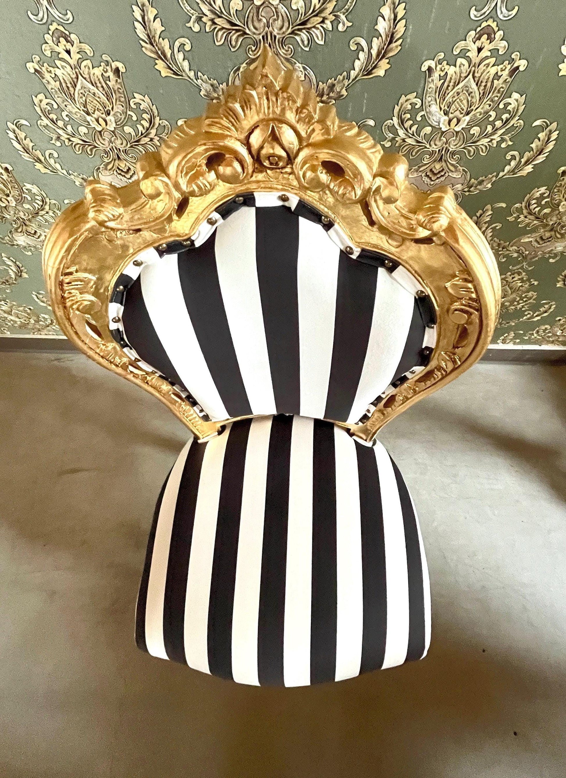 Accent Chair Deluxe Velvet in Black Stripe French Louis XV Style Chair in Gold Finish Retro Baroque Rococo Style Dining Chair for Home Decor